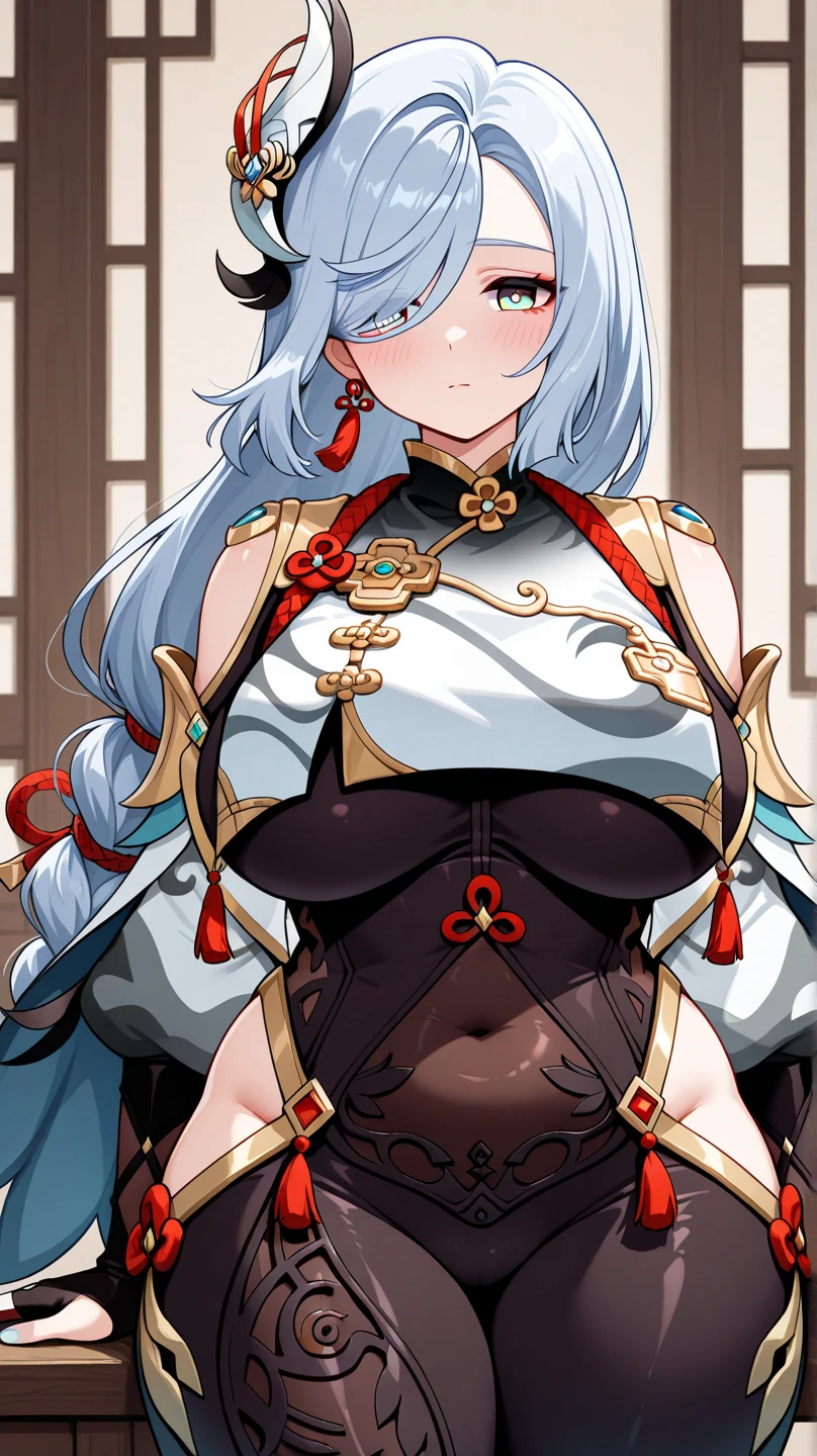 (Kabedon POV : 1.3), earrings, braided ponytail, puffy sleeves, gold trim, gloves, bodysuit, breast curtain, shoulder cutout, (covered navel), hip vent, clothing cutout, tassel, (luxury bedroom background), ShenheV4, anime cels style, best quality, high resolution, 1girl, (huge breasts:1.2), beautiful face, grey hair, long hair, hair ornament, hair over one eye, blue eyes, cowboy shot, smiling, blushing