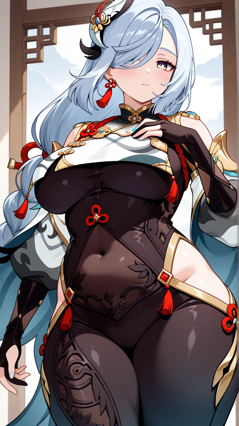 Mature content,masterpiece, best quality, 1girl, hairband, jewelry, bare shoulders, looking at viewer, blush, gloves, smile, collarbone, elbow gloves, necklace, long hair, earrings, solo focus, thighs, thighhighs ,sexy pose,brainwashed,sexual,sexy,crazy smile,corruption,hypnosis,Illustration,wet,liquid,(Satou Kuuki),huge clear eyes, clear and clean background,shenhe_\(genshin_impact\),wine,
