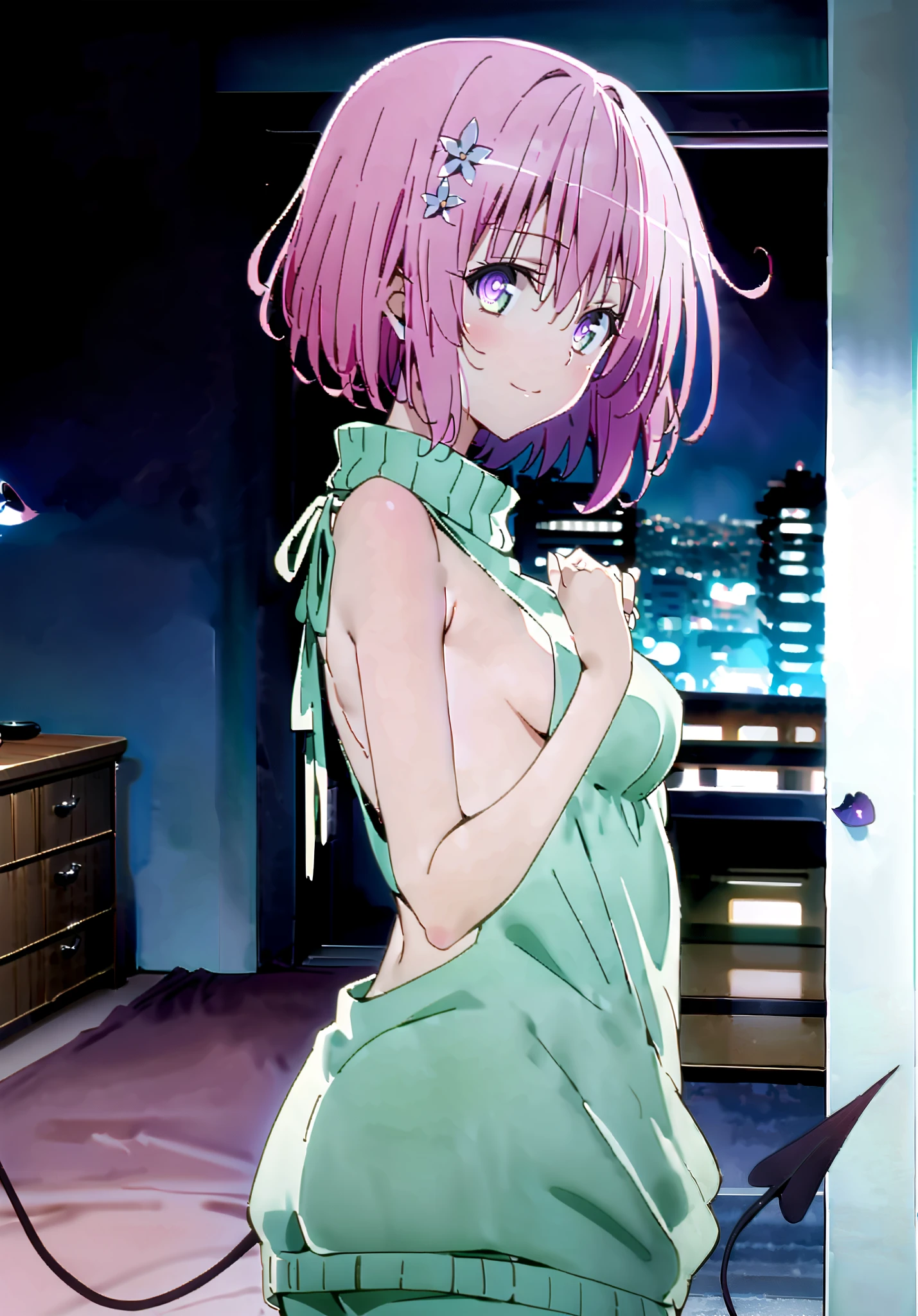 score_9, score_8_up, score_7_up, source_anime,
Momo Devil, Momo Deviluke, demon tail, hair flower, hair ornament, purple eyes, pink hair, short hair, Glowing Skin,tail,demon tail, Medium breast,virgin killer sweater, Naked Sweater, sweater dress, Open back clothing, turtleneck sweater, backless dress, sideboob,black pantyhose,smile,cover,close your mouth, bet,standing,decor, beautiful night view with depth,Beautiful cityscape,full bodyがillustrationsに入るように,break indoors, bedroom,
break looking at viewer,full body,
break (masterpiece:1.2), top quality, high definition, Unity 8k 壁紙, (illustrations:0.8), (beautiful detailed eyes:1.6), very detailed face, so that it fits into the illustration, extremely detailed CG, (Perfect Hand, perfect anatomy),