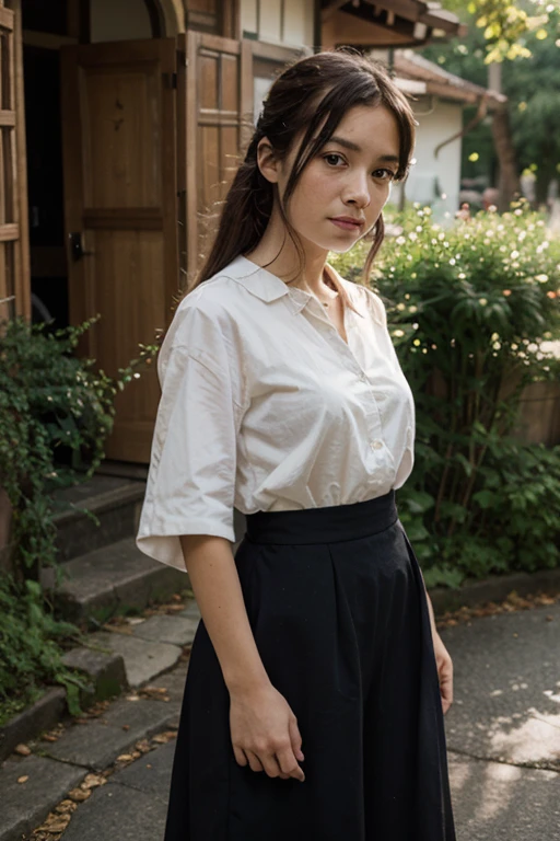 Realistic 5 years old female asian student, short black hair, wearing white student collar shirt buttoning up to the collar, short sleeve, and beige skirt, long medium shot, white plain background