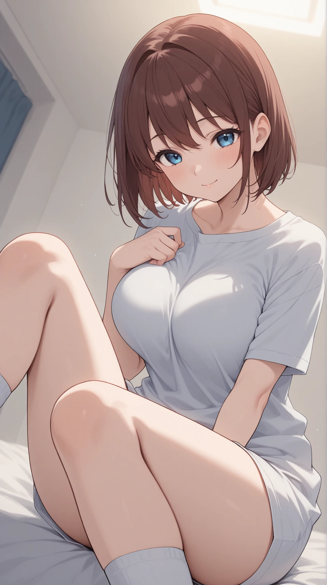 (Masterpiece, highest quality, high resolution, realistic photo, realistic looking skin:1.1),
(The woman is crouching with her legs closed with both knees and thighs together: 1.8),
(We are sitting directly in front of her to see her panties: 1.8),
(She is resting both elbows on her knees and resting her cheekbones on her cheekbones:1.8),
(glimpse of panties: 1.5),
(smiling kindly expression:1.8),
(She is wearing a white sleeveless knit: 1.8),
(She is wearing a mini-skirt: 1.8),
(She has bare legs and bare feet:1.8),
(panties are white with a pattern: 1.5),
(She has medium brown hair: 1.8),
(She is 18 years old and has a young face: 1.5),
(She is the most beautiful girl in her grade: 1.5),
(She has ample breasts: 1.5),
(Location: apartment living room:1.5),
1 Japanese girl, solo, full bodied esbian, beautiful eyes, shining eyes, shining thighs, NSFW