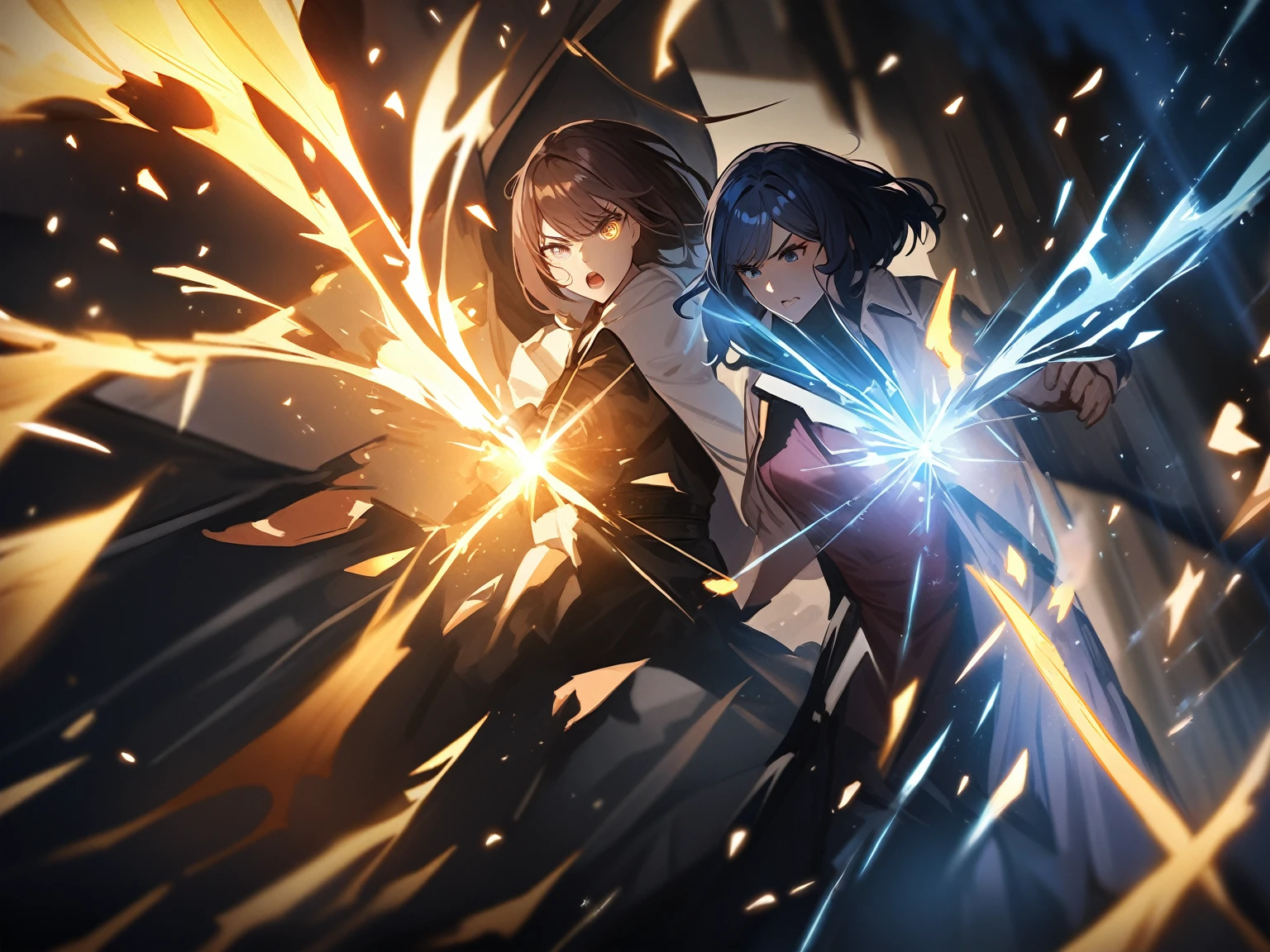 (a girl in a fight scene with a tall man) tall man, gray hair, purple eyes, intense look, muscular build, fierce expressions, dynamic poses, martial arts skills, agile movements, raining in the background, dramatic clouds, lightning flashing, smoke and dust filling the air, intense battle atmosphere, intense purple and blue lights illuminating the scene, powerful energy emanating from their bodies, sparks and electric effects, flying debris and shattered surroundings, high-speed action, dynamic composition, fast-paced combat, high-contrast lighting, vibrant colors, anime-style rendering, detailed facial features and expressions, streaming hair, epic showdown between the two fighters, heightened sense of tension and anticipation, mesmerizing visual effects, dynamic camera angles, explosive clash between their powers, decisive moments captured in the artwork, dynamic narrative storytelling, visually stunning and immersive fight scene. (best quality, 4k, highres), (anime, action, intense)