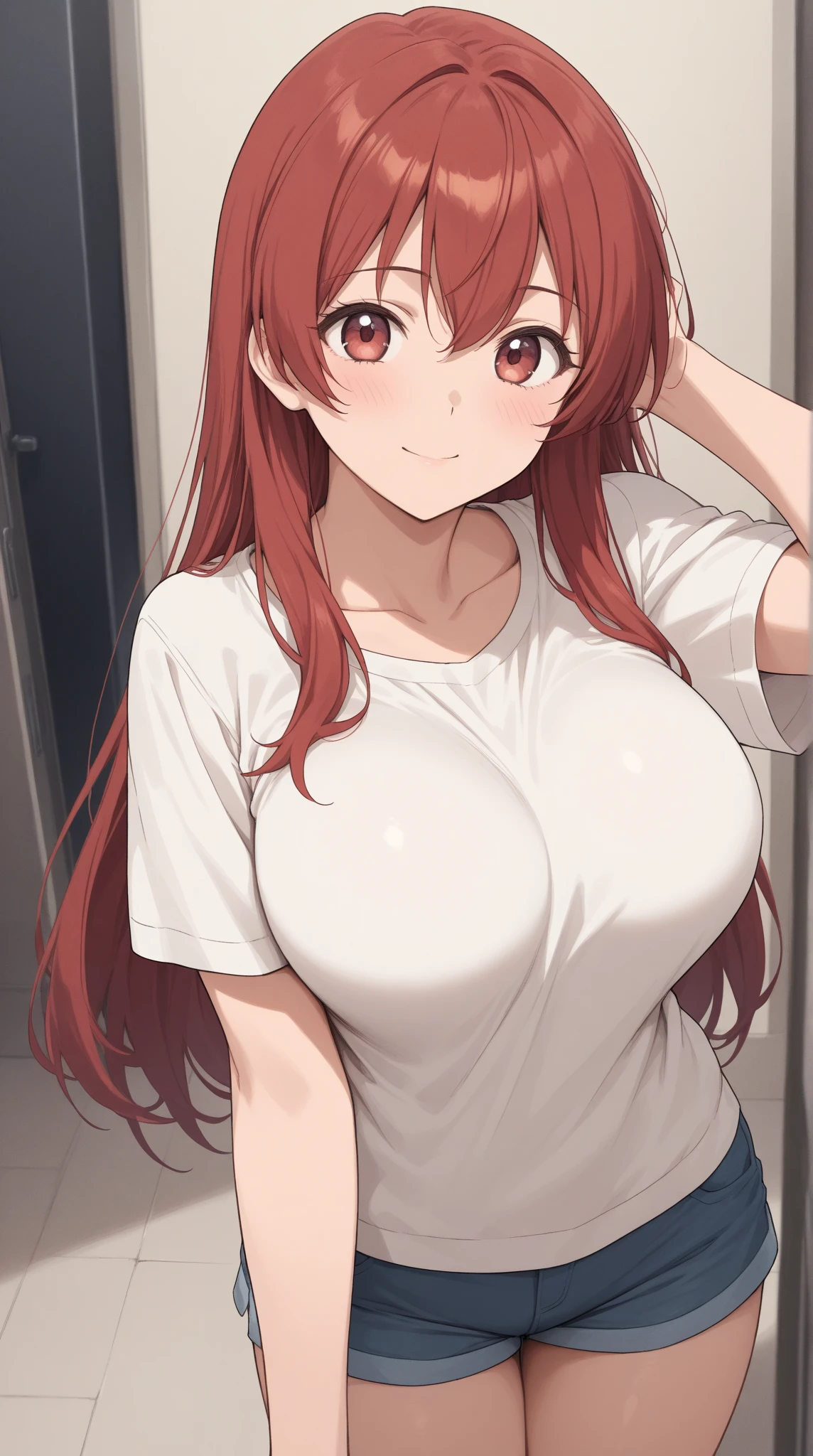Hentai anime,hentai artist,masterpiece, best quality, realistic anime art, front light,solo, wearing only oversize white shirt, (shoulder slip:1.2),large breasts ,dark red hair ,short sleeves, thighs,yellow eyes , sakurauchi riko love live,standing ,arms behind back, smile, bra straps,head tilt, looking at viewer , simple pink background 