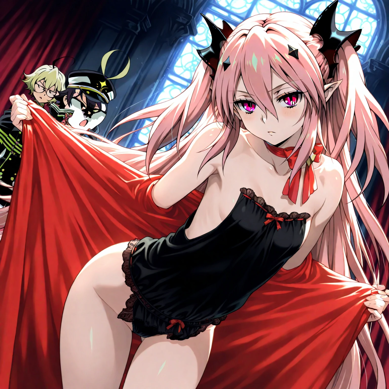 Masterpiece, highest quality, highest quality, high resolution, concentration, upper and lower underwear visible (pink underwear), open chest, open crotch, warrior girl being pushed down by a goblin and having her breasts grabbed, Reluctant girl, sideways angle, far away angle