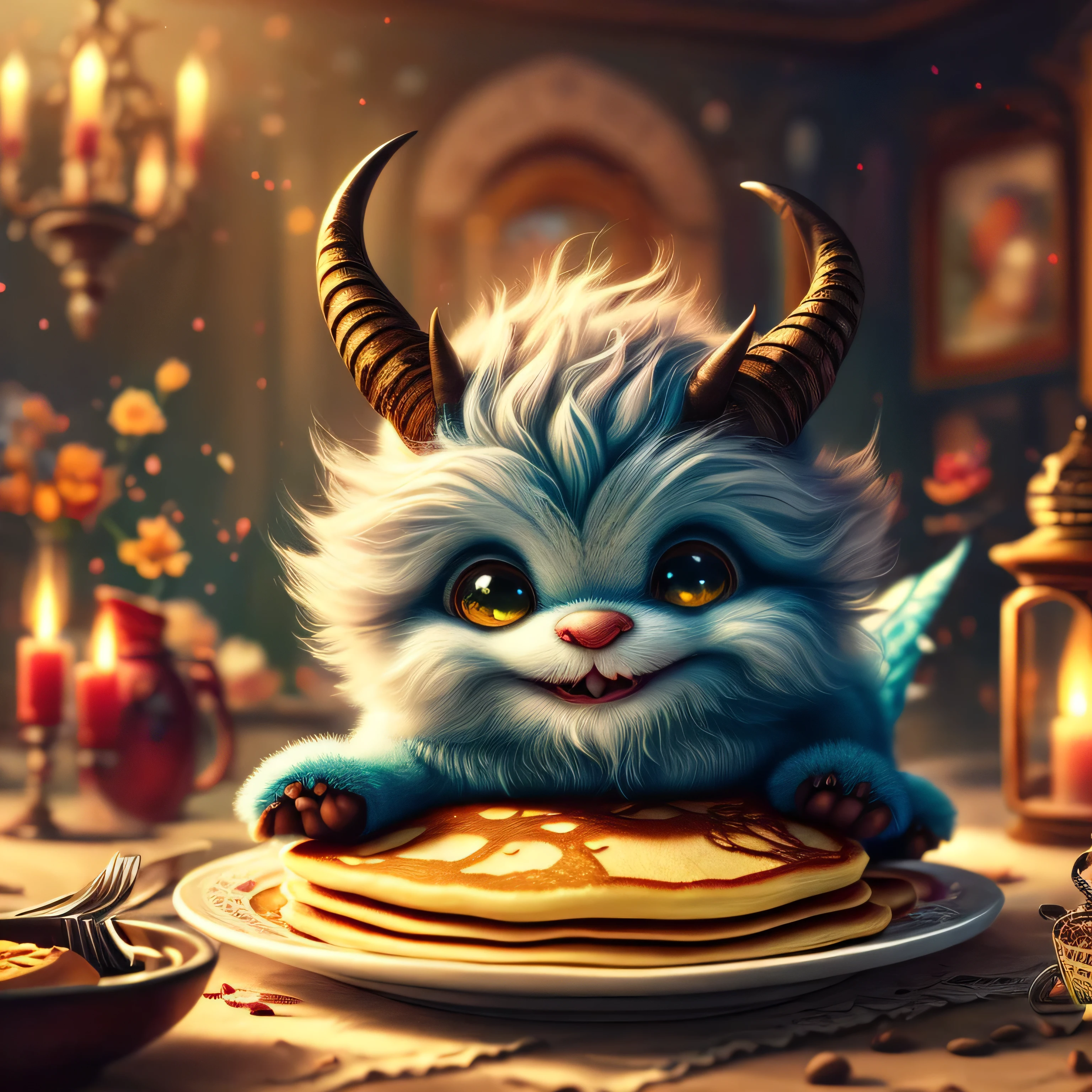 whimsical airbrush and oil painting, gothic style, friendly, Very cute mythical graceful transparent anthropomorphic gentle imp with horns and a tail holds enchanted plate of pancakes, he is dressed in dark colors and has a mischievous and slightly sinister expression on his face. in a surreal, dreamlike setting. Magical atmosphere. By Ian Miller. Hyperdetailed. Muted colors. Watercolor and delicate detailed ink lines. smooth, burnt art in a professional photograph by Awwchang :: Luis Royo :: WLOP :: Artgerm Lau :: Anne Stokes :: natural deep colors