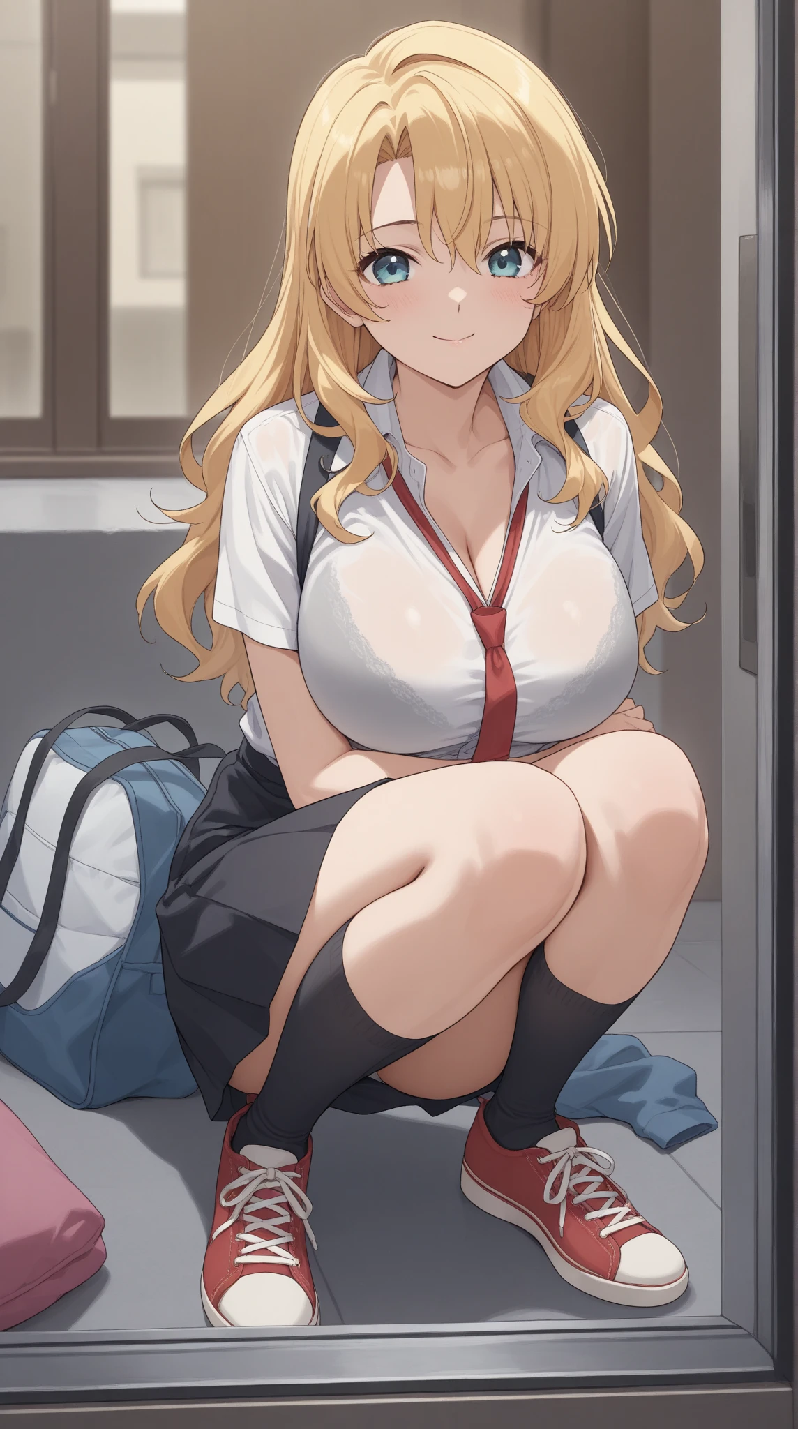 16, girl, long blonde hair, big breasts, seductive stance, cute school outfit, in closet, smirking, not blushing, naughty looking, teasing, black stockings, blue skirt, white button shirt, red tie,nsfw