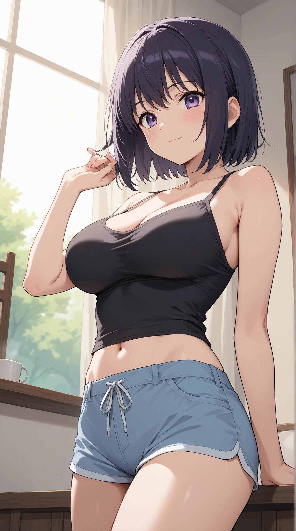 (masterpiece, best quality), 1girl,  Amethyst Bob Cut, Size C breasts,   <lora:MicroShorts_FefaAIart:1> micro shorts, denim shorts, open fly shorts, pussy
