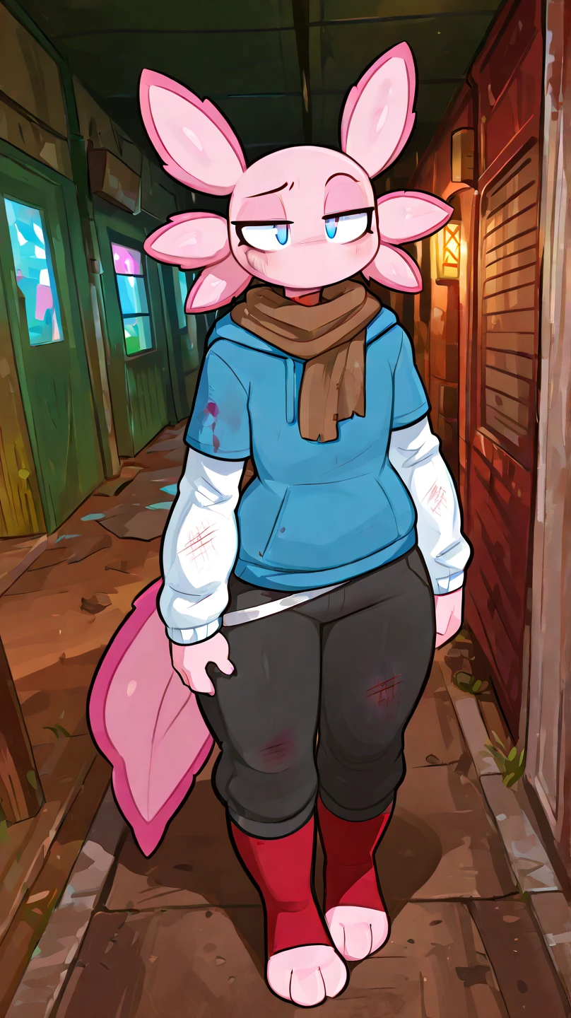Anthro axolotl, male, blue eyes, pink gills, tail, blue hoodie, white baggy doublesleeves, black three-quarter pants, red mid-calf toeless socks, brown scarf, walking through the wasteland, solo, scraped bloodied and bruised body, best quality, masterpiece, full body, good body, gritty, illuminated place, (por kilinah, by Coffeesoda, By Hioshiru)