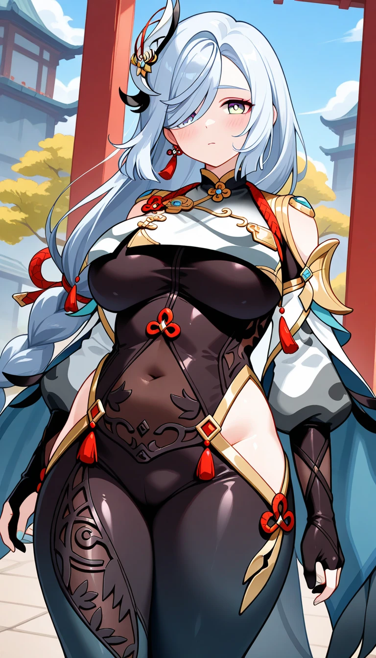 Masterpiece, high quality, shenhe \(genshin impact\), genshin impact, leaning forward, big breasts, busty, sexy, wide hips, white hair, blue eyes, hair ornament, long hair, breast curtains, bodystocking, hip vent, outdoor, wet, shenhev4, thick thighs, realistic, from below, shiny skin