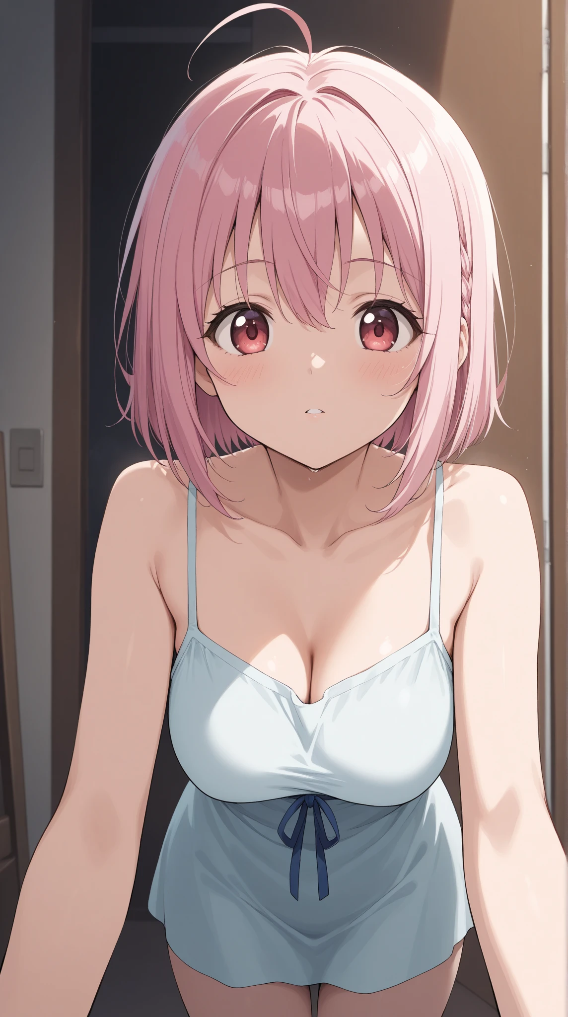 Smile, smiley face, (1 girl) Sfw, nino nakano, pretty teenage girl with fluffy long pink silky hair, blue eyes making a cute face, aamiku, Nakano nino from The Quintessential Quintuplets, nino Nakano, masterpiece, 4k, ultradetailed, cowboy shot, nakano nino, pink red hair, blue eyes, sparkling eyes, night wear, white minimal simple nightwear matching set, white iridescent matching set, white satin and lace night vest, white satin and lace tank top with thin shoulder straps, white satin light night skirt, minimal outfit, simple outfit, all white outfit, full body, dynamic pose, moving, dynamism, hair between eyes, nightwear, perfect anatomy, perfect symmetry, perfect body