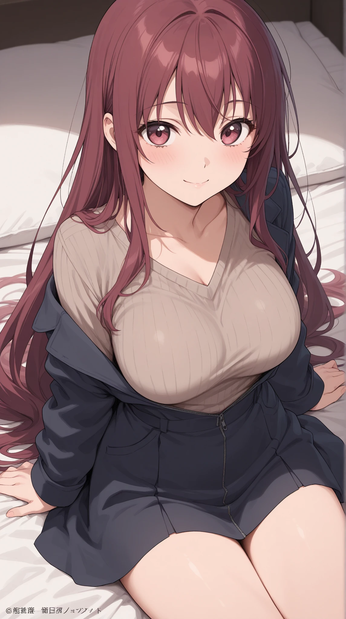 (masterpiece, high quality, highres:1),1girl,solo,large breasts,simple background,false smile,mother,mature female,standing,sweat,fog,sweater,brown hair,brown eyes,flustered,panicking,rushing,long hair,revealing clothes,forced smile,half-closed eyes,plump,wide hips,arms behind back,<lora:ntrface-wasabiya:1>,ntrgao,dark,shaded face,despair ,(brown eyes , pink hair ),from above ,short hair ,dark skin, dark-skinned female ,,