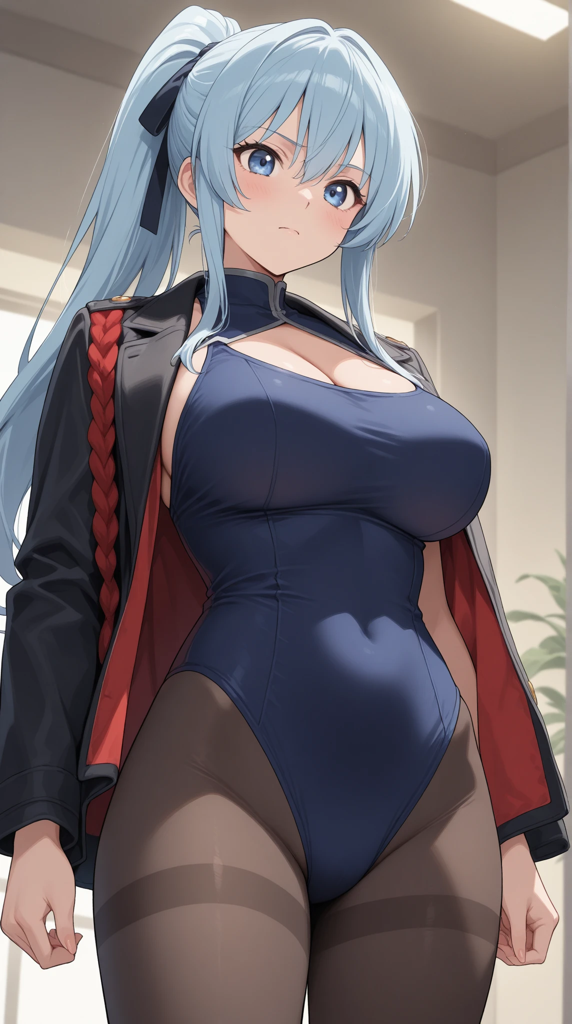 dark blue hair,,long hair,purple eyes,pointy ears,elf,((black tight body suit))
