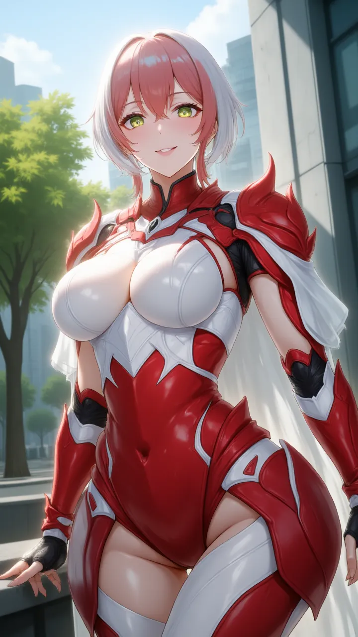 girl, With big breasts, with futuristic red armor, red eyes, for white, dark ebony skin