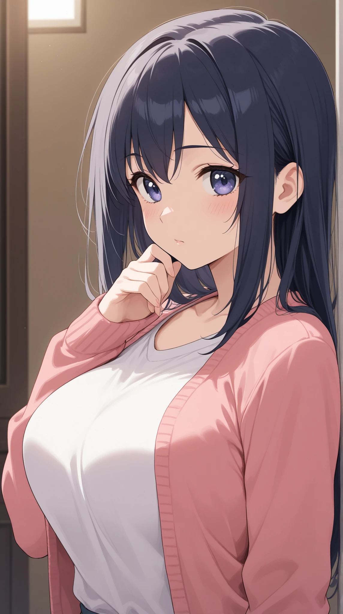 (Placing hand on chest:1.3), medium shot, shooting from above、 Realistic, real person, RAW photo, photorealistic, portrait photography, shiny skin, japanese idol、(A 20-year-old woman with black bangs and purple eyes.) and (blunt bangs) and (straight midium hair), cleavage, (She is wearing a pink off-shoulder blouse.:1.5)、(smile:1.2), (nose blush:1.2), open mouth, Alone、staring at、Background outside、Are standing