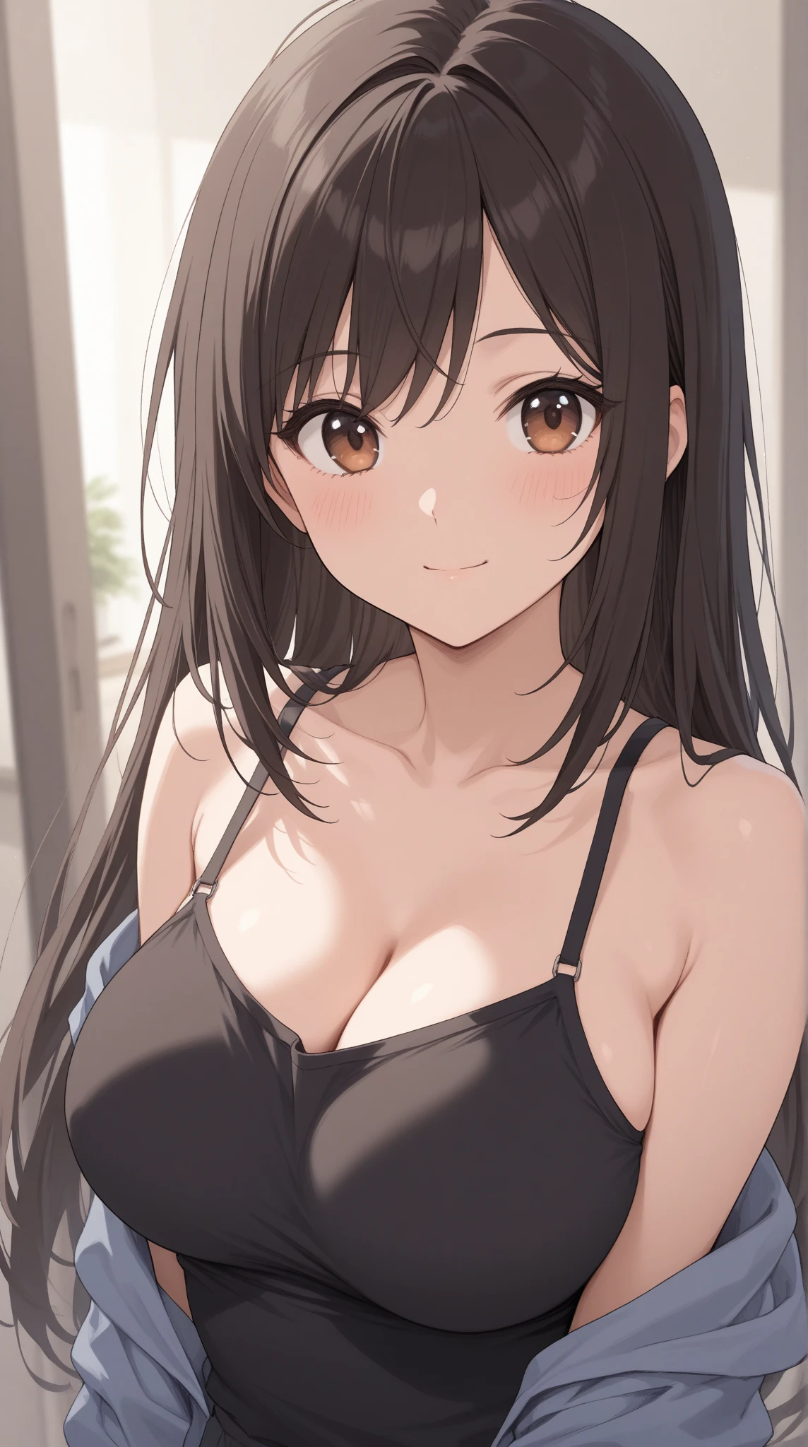 (Upper Body),alone,Medium Shot,masterpiece,Portraiture, 8k,Realistic, Elegant mature woman, Brown eyes, (Black Hair:1.4), smile,Big Breasts,Transparent camisole, Beautiful breasts,See-through nipples, 4K resolution, High quality CG, Beautiful CG, Soft Light