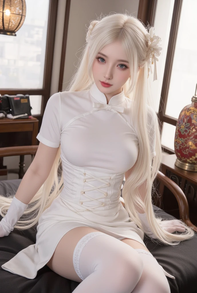 (1 girl), beautiful, Amazing face and eyes, long white hair，cosmetic, (Extremely delicate beautiful face), (The sexiest look), (beautiful big breasts:1.1), (best quality:1.4), (Ultra Detailed), (Extremely detailed CG unified 8k wallpaper), Very detailed, original photo, Professional photography, ((cheongsam)), (Tight dress), (Super short cheongsam),Tokyo Subway Station、MRT station，whole body