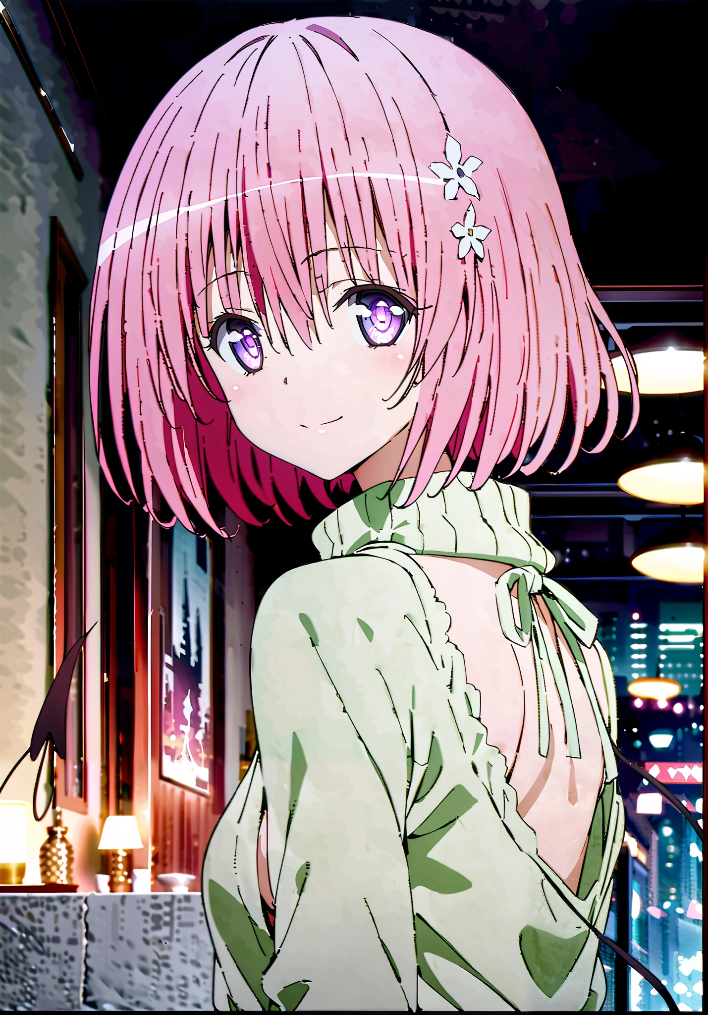Momo Devil, Momo Deviluke, demon tail, hair flower, hair ornament, purple eyes, pink hair, short hair, Glowing Skin,tail,demon tail, Medium breast,virgin killer sweater, Naked Sweater, sweater dress, Open back clothing, turtleneck sweater, backless dress, sideboob,black pantyhose,smile,cover,close your mouth, bet,standing,decor, beautiful night view with depth,Beautiful cityscape,full bodyがillustrationsに入るように,break indoors, bedroom,
break looking at viewer,full body,
break (masterpiece:1.2), top quality, high definition, Unity 8k 壁紙, (illustrations:0.8), (beautiful detailed eyes:1.6), very detailed face,  so that it fits into the illustration, extremely detailed CG, (Perfect Hand, perfect anatomy),