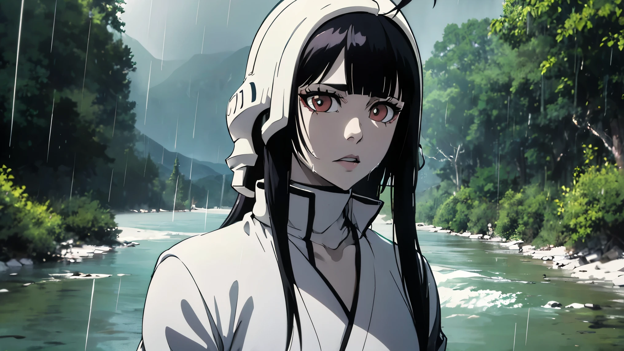 persona/subject: (()), (((ulquiorra_Cifera))), a girl, ((female)), tall female, (((pale skin))), (((piel blanca))), Japan clothing, upper body,  white clothes, ((cat girl, cat black ears)), (red eyes), (long hair), (( black hair, (Ahoge), straight bangs,)),, dark green facial tattoo lines,   white clothes, black armor with by, skeleton helmet,  ((by)).
 style: (Anaxus style, Shekhyoart). .
bottom: (((mountain, river,  Water, wind, dessert, rain, forest))).
quality: dynamic light, tone, extremely detailed CG, micro-intricate (mejor quality:1.2), ((High resolution:1.5))), (Masterpiece: 1.3), sharp focus, (resolution 8k:1.1), intricate detail, Yoko teacher, lights and shadows, volumetric lighting, bottom altamente detallado.