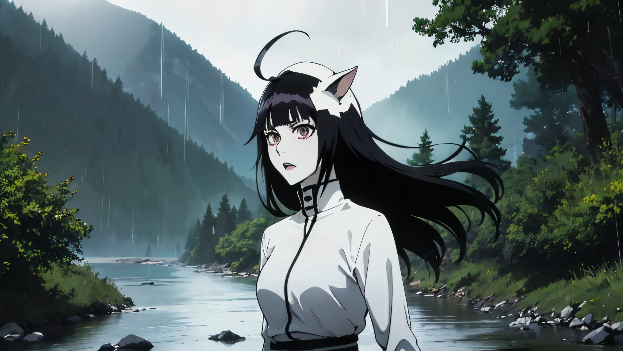 persona/subject: (()), (((ulquiorra_Cifera))), a girl, ((female)), tall female, (((pale skin))), (((piel blanca))), Japan clothing, upper body, white clothes, ((cat girl, cat black ears)), (red eyes), (long hair), (( black hair, (Ahoge), straight bangs,)),, dark green facial tattoo lines, white clothes, black armor with by, skeleton helmet, ((by)).
style: (Anaxus style, Shekhyoart). .
bottom: (((mountain, river, Water, wind, dessert, rain, forest))).
quality: dynamic light, tone, extremely detailed CG, micro-intricate (mejor quality:1.2), ((High resolution:1.5))), (Masterpiece: 1.3), sharp focus, (resolution 8k:1.1), intricate detail, Yoko teacher, lights and shadows, volumetric lighting, bottom altamente detallado.