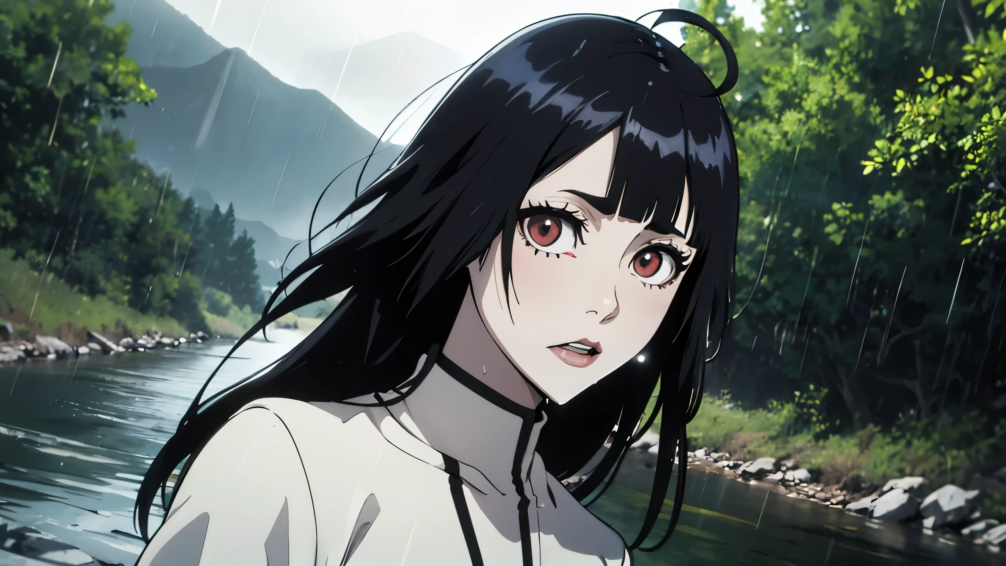 persona/subject: (()), (((ulquiorra_Cifera))), a girl, ((female)), tall female, (((pale skin))), (((piel blanca))), Japan clothing, upper body,  white clothes, ((cat girl, cat black ears)), (red eyes), (long hair), (( black hair, (Ahoge), straight bangs,)),, dark green facial tattoo lines,   white clothes, black armor with by, skeleton helmet,  ((by)).
 style: (Anaxus style, Shekhyoart). .
bottom: (((mountain, river,  Water, wind, dessert, rain, forest))).
quality: dynamic light, tone, extremely detailed CG, micro-intricate (mejor quality:1.2), ((High resolution:1.5))), (Masterpiece: 1.3), sharp focus, (resolution 8k:1.1), intricate detail, Yoko teacher, lights and shadows, volumetric lighting, bottom altamente detallado.