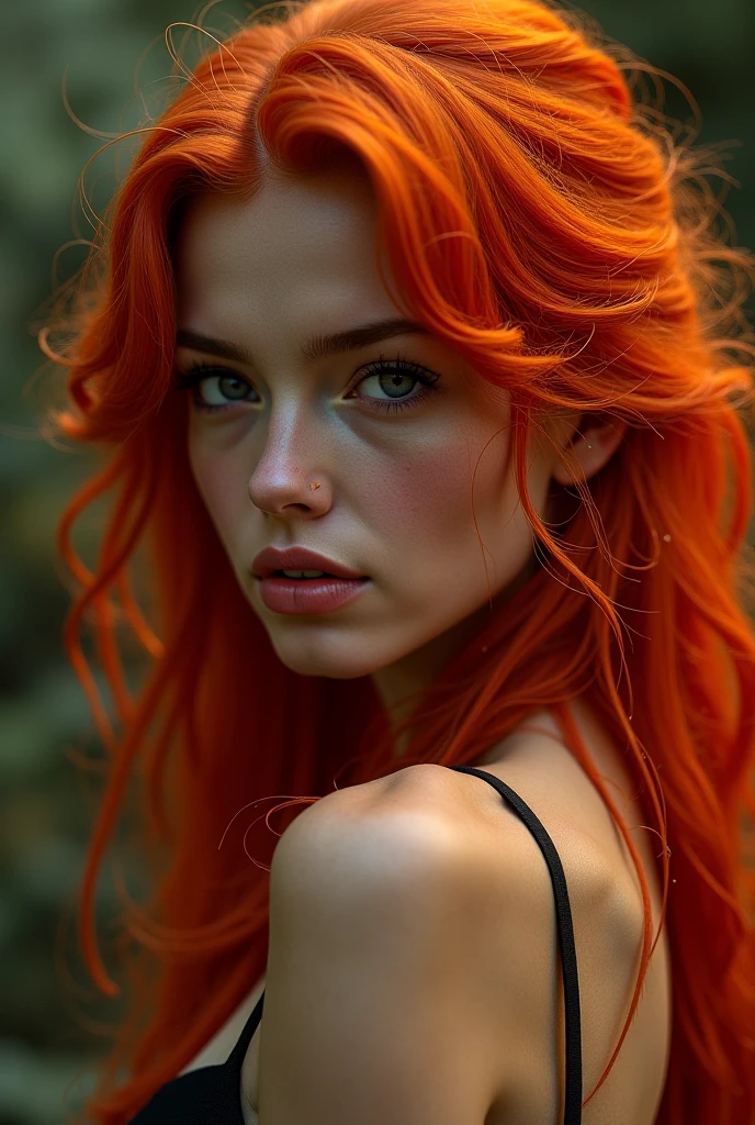 Young red-haired man with emerald green eyes, long hair, feminine face with scars, brown skin. Around 25 years old