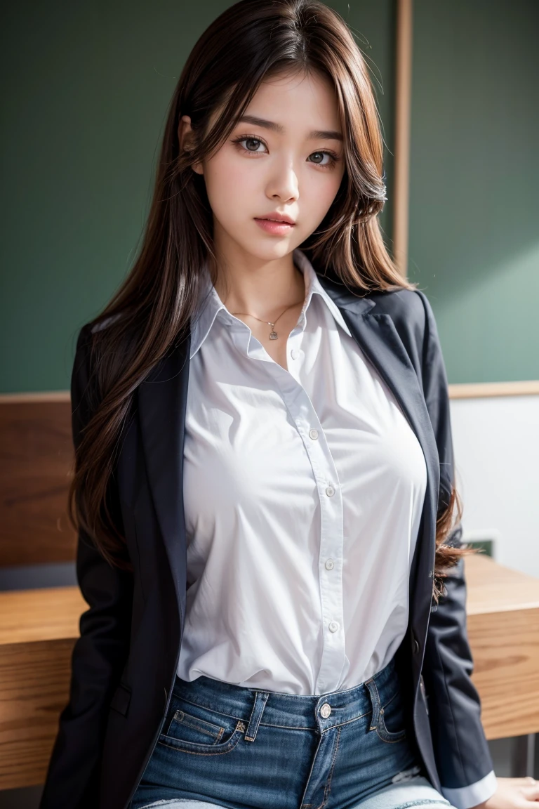 8k、high resolution、masterpiece、realistic、In detail、Fine texture、portrait from head to toe、high contrast、alone、high school girl、natural body shape、white skin、natural makeup、black hair、bangs、straight long hair、、(high 、long sleeve cardigan、white blouse、plaid pleated skirt、mini skirt)、、((big breasts))、((The upper body is wearing a uniform))、school classroom、Looking at the camera facing the front、((white thighs))、white socks、black loafers、((open both knees、sitting at a desk with legs apart))、((She holds down her skirt with her hands to hide her panties.、pure white panties))、full body photo