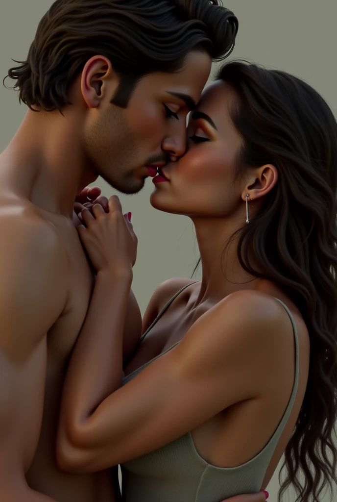 Create an image, in the style of drawing for book cover, of a young woman of about twenty-three years old with long hair, brown in color and wavy, green eyes and white skin, she must be in the arms of a man both with a slightly surprised expression, as if she had fallen and he had caught her before it happened.
This man must look young too, with white skin and black hair, he must be tall and have an athletic body, broad shoulders and steady hands.
Your face should be masculine with strong eyebrows and dark eyes.. Men&#39;s hair should be slightly wavy, almost smooth and black in color.
