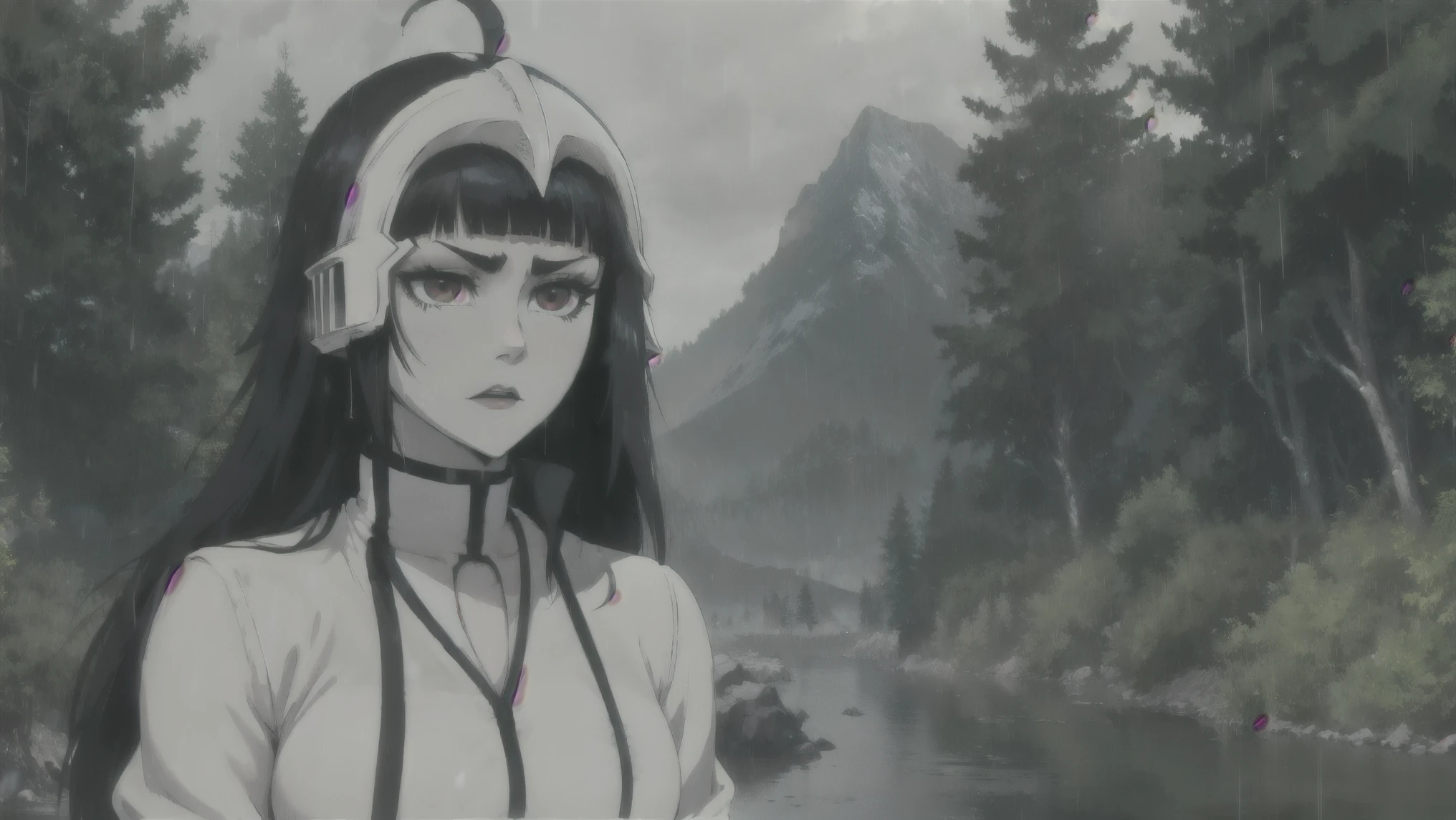 persona/subject: (()), (((ulquiorra_Cifera))), a girl, ((female)), tall female, (((pale skin))), (((piel blanca))), Japan clothing, upper body, white clothes, ((cat girl, cat black ears)), (red eyes), (long hair), (( black hair, (Ahoge), straight bangs,)),, dark green facial tattoo lines, white clothes, black armor with by, skeleton helmet, ((by)).
style: (Anaxus style, Shekhyoart). .
bottom: (((mountain, river, Water, wind, dessert, rain, forest))).
quality: dynamic light, tone, extremely detailed CG, micro-intricate (mejor quality:1.2), ((High resolution:1.5))), (Masterpiece: 1.3), sharp focus, (resolution 8k:1.1), intricate detail, Yoko teacher, lights and shadows, volumetric lighting, bottom altamente detallado.