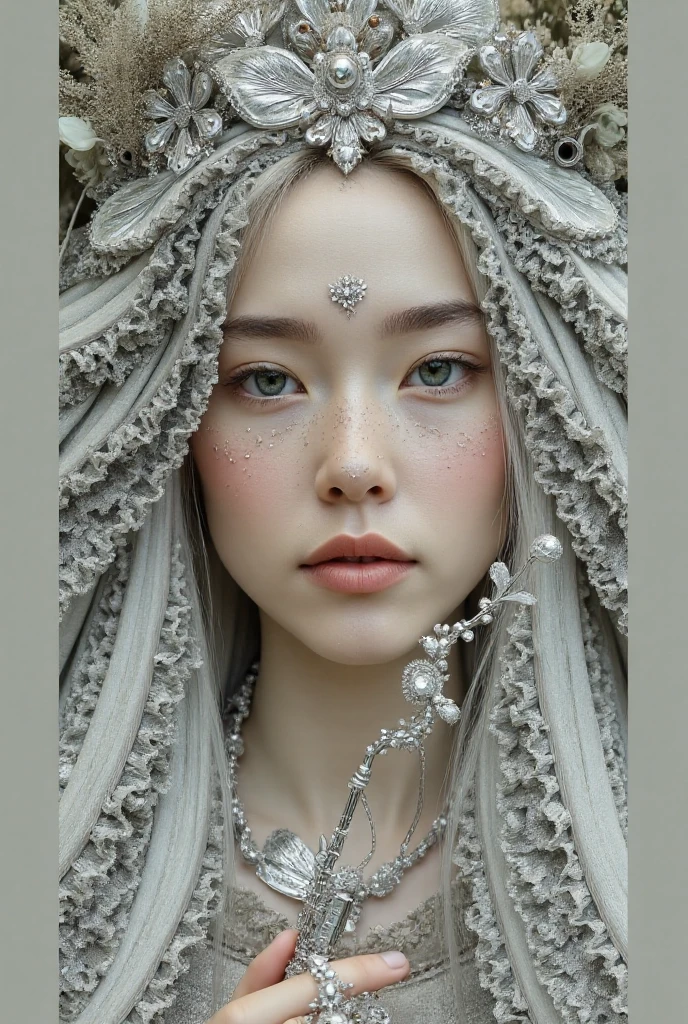 One was wearing a silver dress、Close-up of woman with flowers in hair, Big earrings and queer make up, Ethereal beauty, Fairy eyes, Giant earrings, Exquisite and sexy makeup, 2020 fashion, Big earrings, Big earrings, Fairy Tale Core, Ethereal!!! Surrealism, grey, Gothic Makeup, Beauty funeral, Unusual lily ears