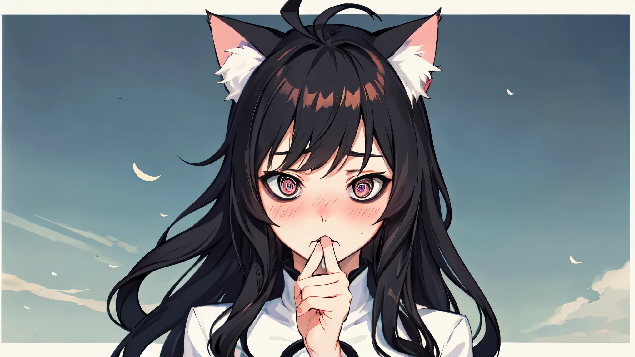 espada, 1girl, ((cat girl, cat black ears)), (red eyes), (long hair), (( black hair, (Ahoge), straight bangs,)),, wavy hair, ((blush, shy)), skull, horns, single horn, large breasts, cleavage, covered mouth, hand over own mouth, upper body, capitol building, solo,