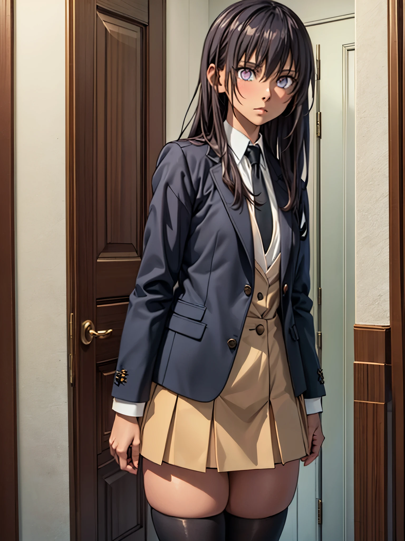 ((masterpiece,best quality)), highres, , extremely detailed 8K wallpaper, depth_of_field, best shadow, (Colorful),(Delicate eyes and face), nice hand, Perfect hands, (no lighting), Ray tracing, ((((solo)))), 1 girl, beautiful girl, sharp eyes, long brown hair, sharp blue eyes, school uniform, blazer with long sleeves, miniskirt, flat chest, (thick thights), tights, solo, solo, (solo), standing, corridor, house