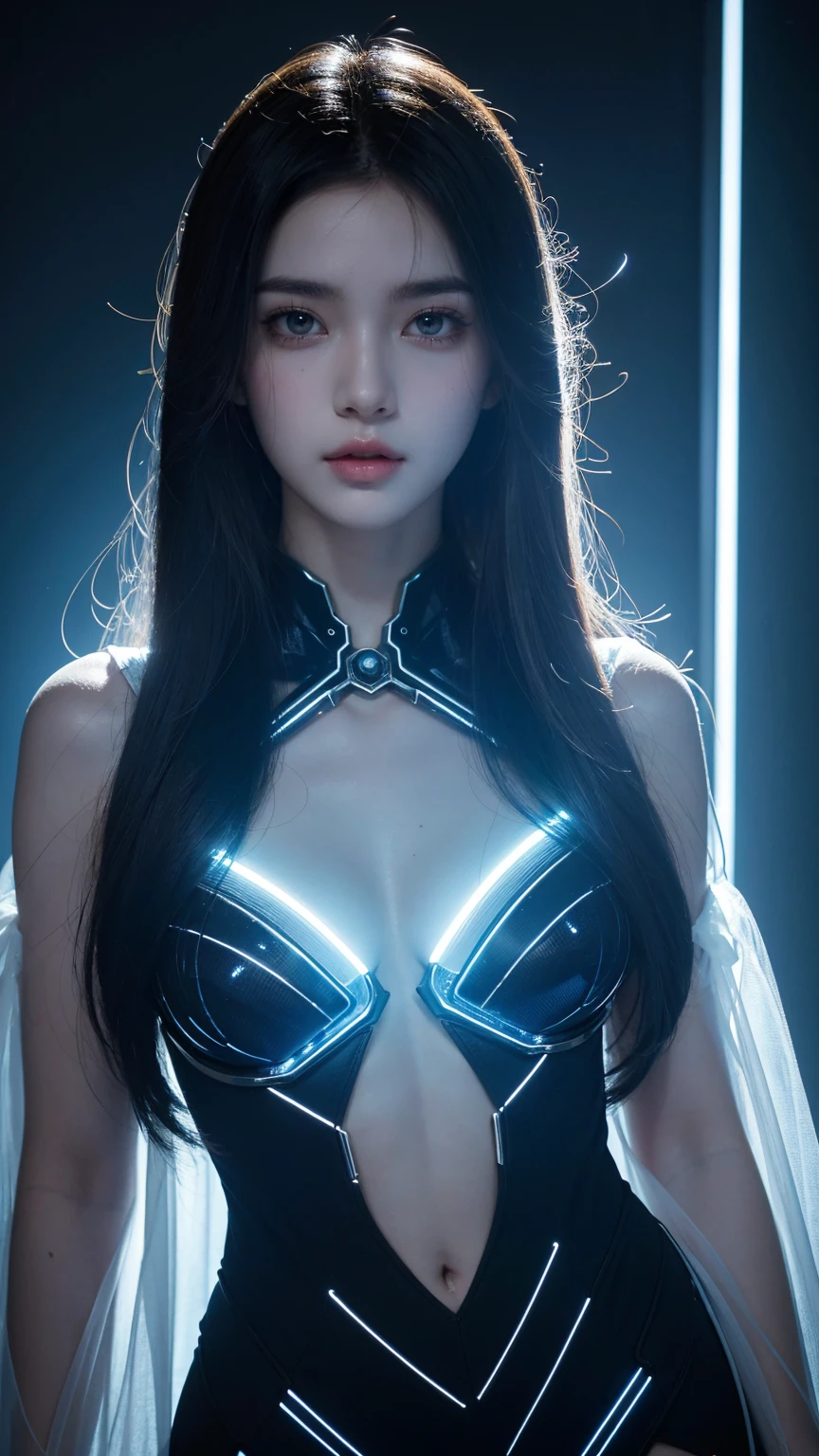 studio photo, beautiful woman perfect body half robotic half metal with iridescent black shimmering hair, standing alone, particles in the air, god rays, stars in the background, intricate fractals, detailed, (illustration) fragreality tech, universe, scifi, shattered warped reality , refractions, space time , clock, giga woman, silver glowing hair , strange fantasy image, odd glowing rocks, beautiful, detailed, long flowing hair, medium breasts, great skin texture
