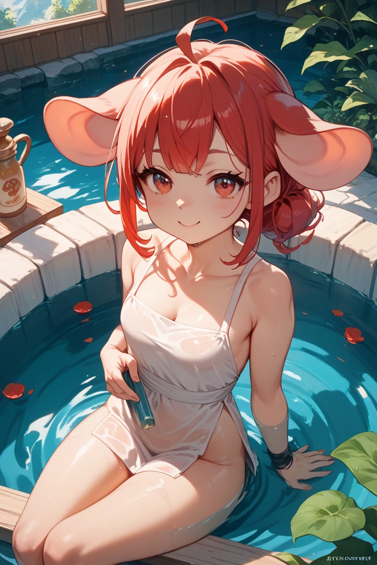 source_anime, score_9, score_8_up, score_9, 1girl, solo, <lora:ChamPonyXLEyjafjalla:1> EyjafjallaBase, curled horns, ahoge, sitting, wet hair, messy hair, submerged, indoors, head above water, smile