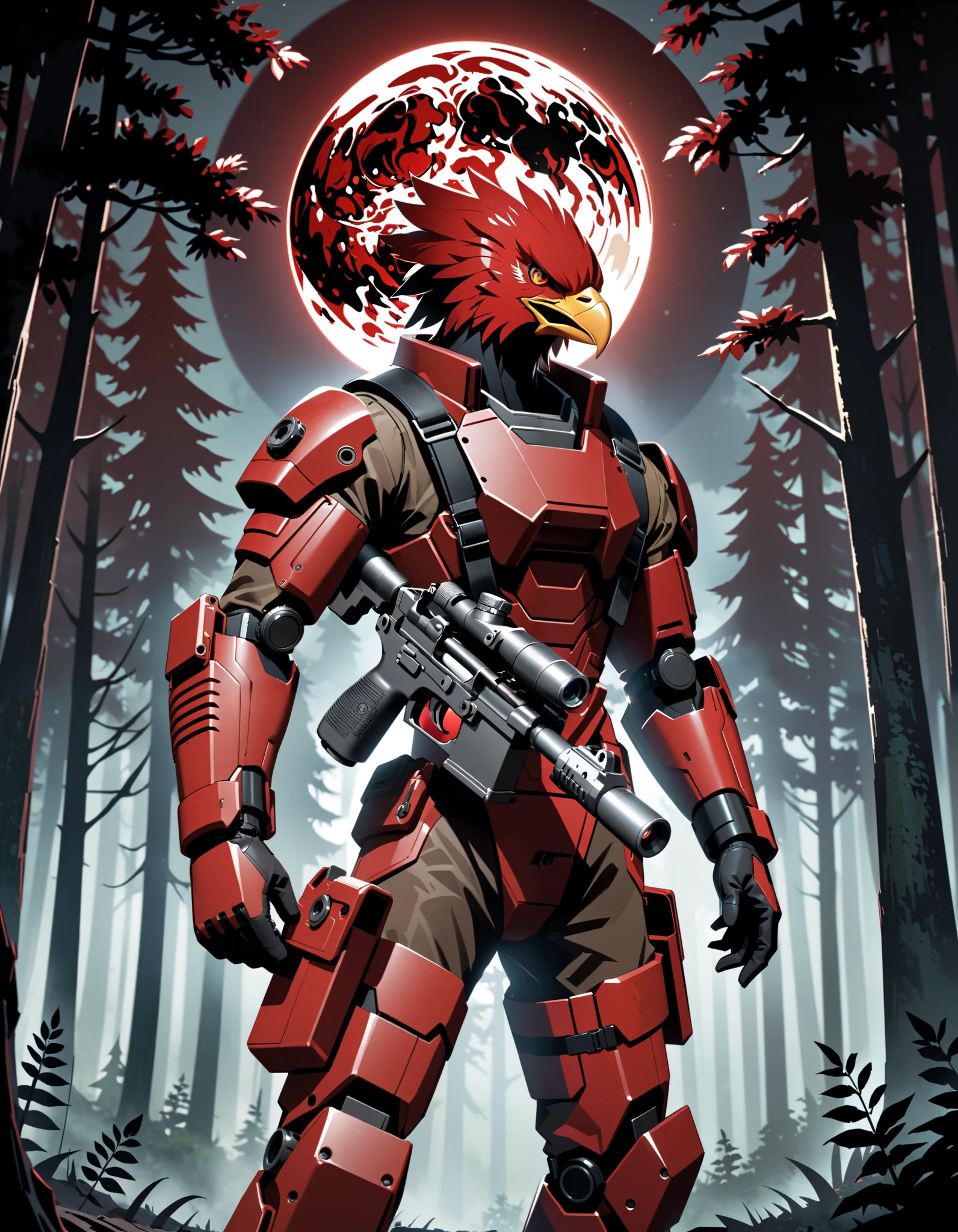 fierce expression, red-feathered humanoid eagle with sharp beak, futuristic red combat suit with black tactical straps, (holding a dl44blstr pistol), confident and dominant pose, standing with one arm raised, intense gaze looking forward, moonlit outdoor forest setting, full red moon in the background, dramatic side lighting casting strong shadows, dark and tense atmosphere, low shooting angle for heroic perspective, detailed character focus, surreal and stylized illustration.