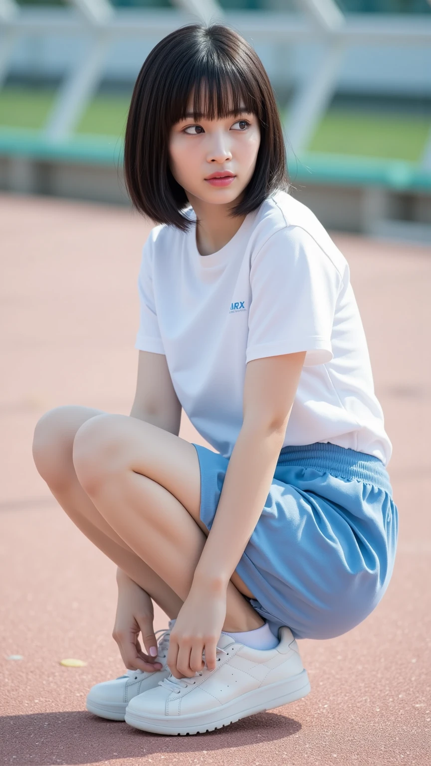 ((Highest quality、high resolution、High resolution、masterpiece、8K:1.3))、One Japanese woman、19-year-old female、(whole body、whole bodyを写した写真:1.3)、Walking、Direct your gaze this way、Woman with beautiful skin、Beautiful Japanese Women、(Outdoor playground、Earth Ground、Sunny day outdoors:1.1)、Natural light、1 p.m.、Spring sunlight、Detailed face、Detailed eyes、Color Contact Lenses、Dark grey eyes、Thin eyebrows、Narrow Face、Glossy lips、Beautiful nose、((Blue Adidas short sleeve shirt、Shorts、Wearing New Balance sneakers:1.1))、Perfect proportions、Beautiful feet、Semi-long brown hair、Beautiful Hair、With a smile、Clear photos、RAW Photos、((SONY α7とSIGMA Art Lens 85mm F1.4 Shot with DG HSM lens、F-stop 2.8、ISO 100、Shutter speed 1000))