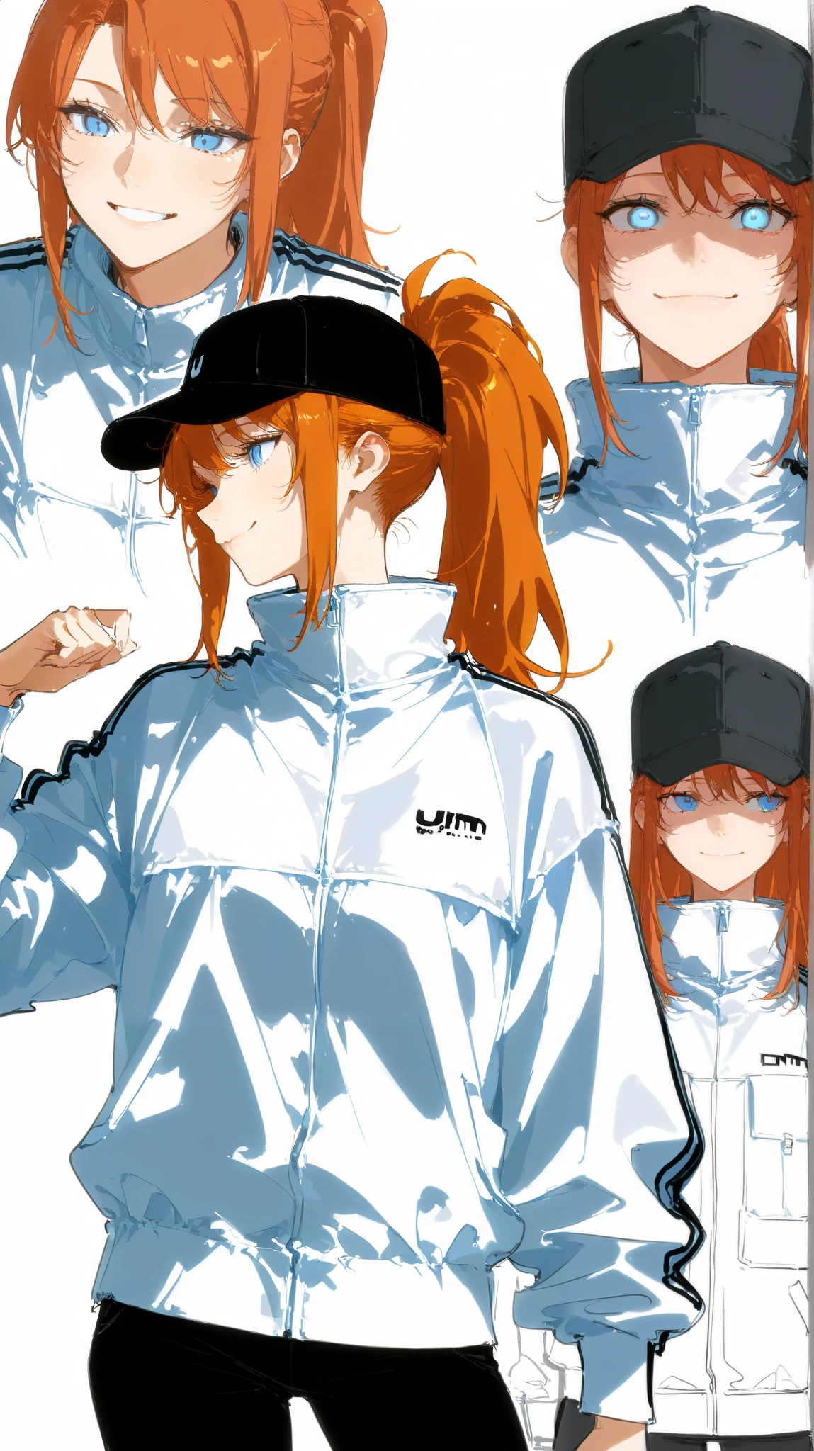 Athletic tall woman in futuristic fantasy clothes, smiling , black cap, black cap, orange hair in a ponytail, blue eyes, white oversize jacket, black pant, intricate sketch, expressive eyes and nose and mouth, un-zoom, highly detailed, white background, upperbody, Lean to the side , Head tilted, head tilted