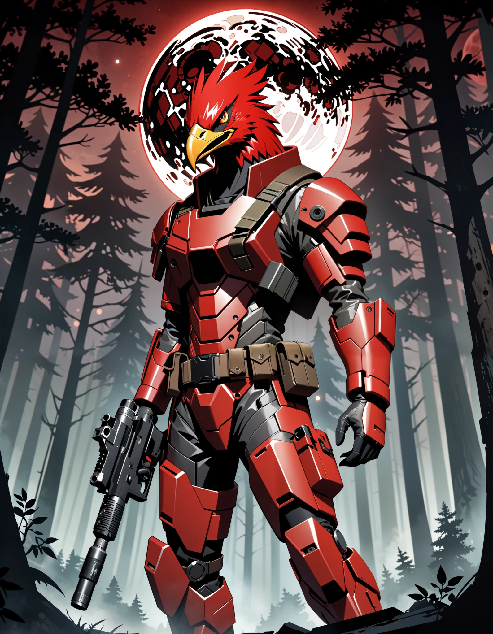 fierce expression, red-feathered humanoid eagle with sharp beak, futuristic red combat suit with black tactical straps, (holding a dl44blstr pistol), confident and dominant pose, standing with one arm raised, intense gaze looking forward, moonlit outdoor forest setting, full red moon in the background, dramatic side lighting casting strong shadows, dark and tense atmosphere, low shooting angle for heroic perspective, detailed character focus, surreal and stylized illustration.
