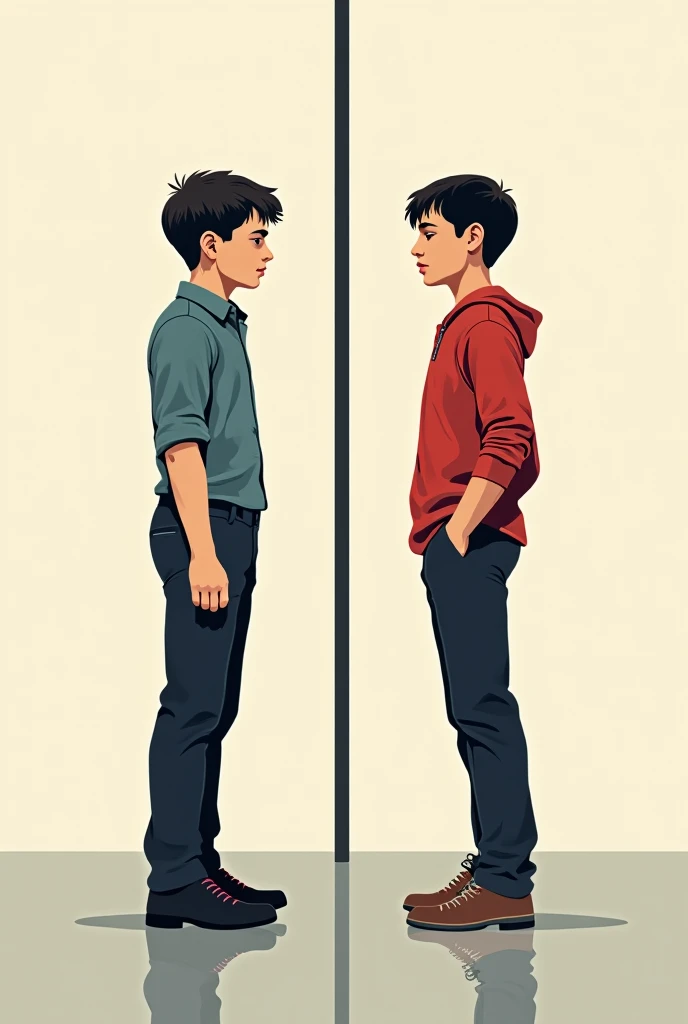 Create two boys, one dark-haired with curly hair and the other slightly straight with wavy hair, both have black hair, both will be with their arms crossed and their backs to each other.