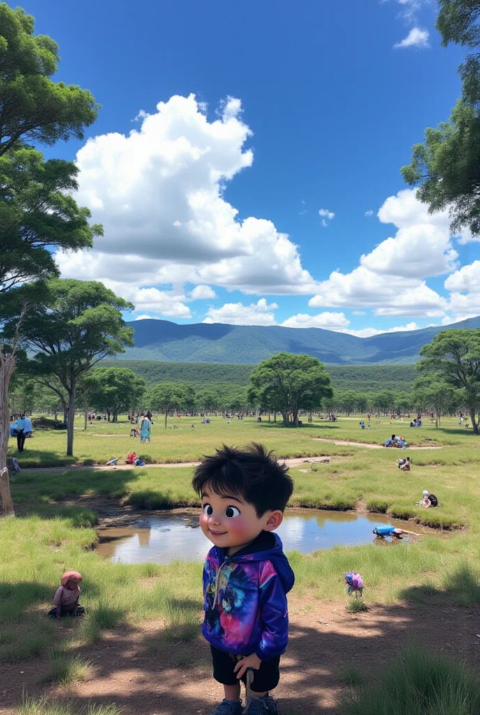 Desenhe uma paisagem montanhosa sombria, with gnarled trees and long shadows. The baby must be in the center of the panel, with a crying expression and feet tied to the tree. O servo deve estar se afastando rapidamente, com um olhar sombrio.