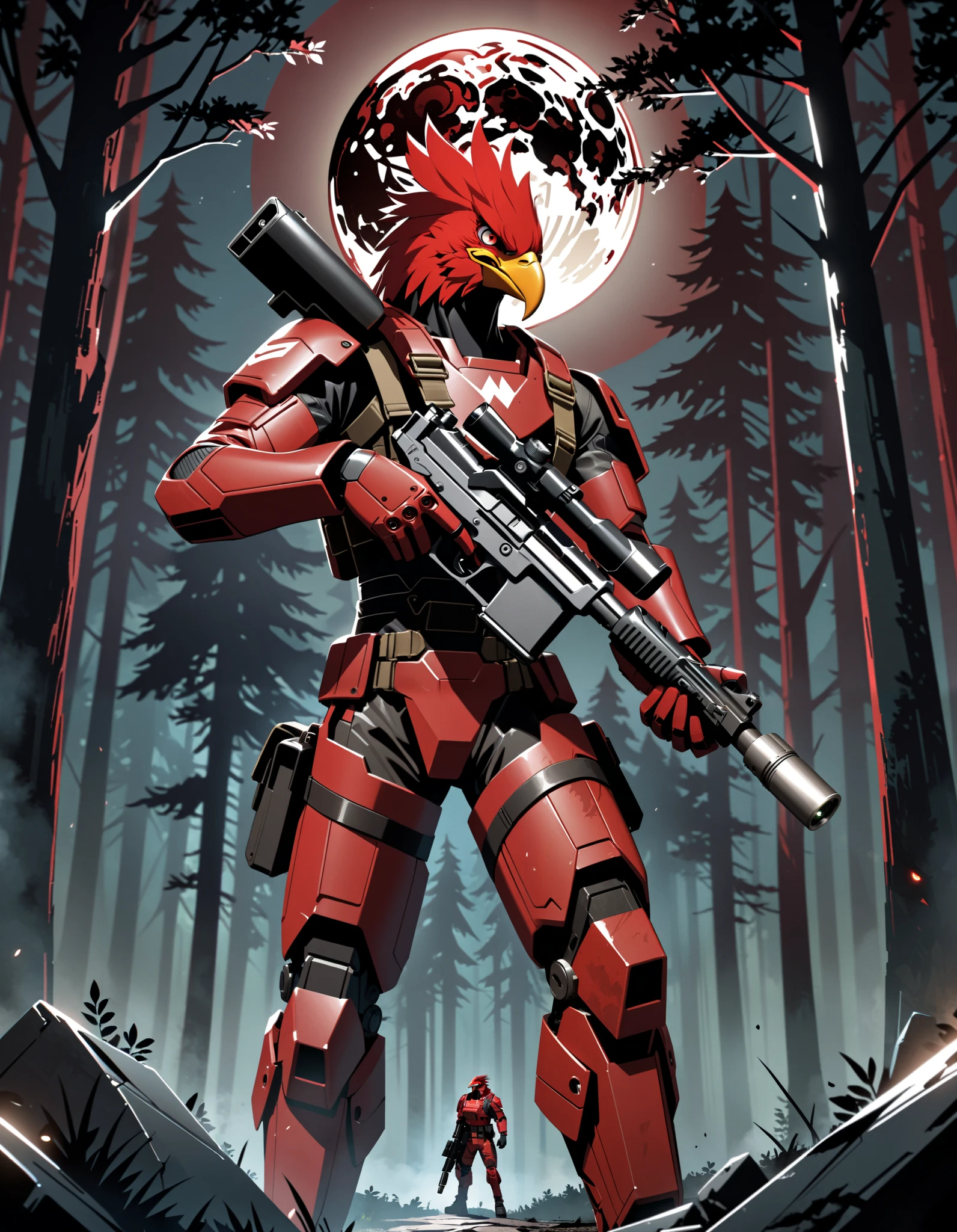fierce expression, red-feathered humanoid eagle with sharp beak, futuristic red combat suit with black tactical straps, (holding a pistol, dl44blstr), confident and dominant pose, standing with one arm raised, intense gaze looking forward, moonlit outdoor forest setting, full red moon in the background, dramatic side lighting casting strong shadows, dark and tense atmosphere, low shooting angle for heroic perspective, detailed character focus, surreal and stylized illustration.