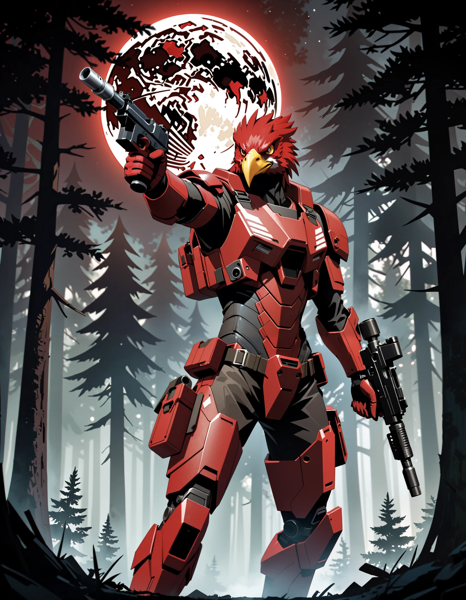 fierce expression, red-feathered humanoid eagle with sharp beak, futuristic red combat suit with black tactical straps, (holding a pistol, dl44blstr), confident and dominant pose, standing with one arm raised, intense gaze looking forward, moonlit outdoor forest setting, full red moon in the background, dramatic side lighting casting strong shadows, dark and tense atmosphere, low shooting angle for heroic perspective, detailed character focus, surreal and stylized illustration.