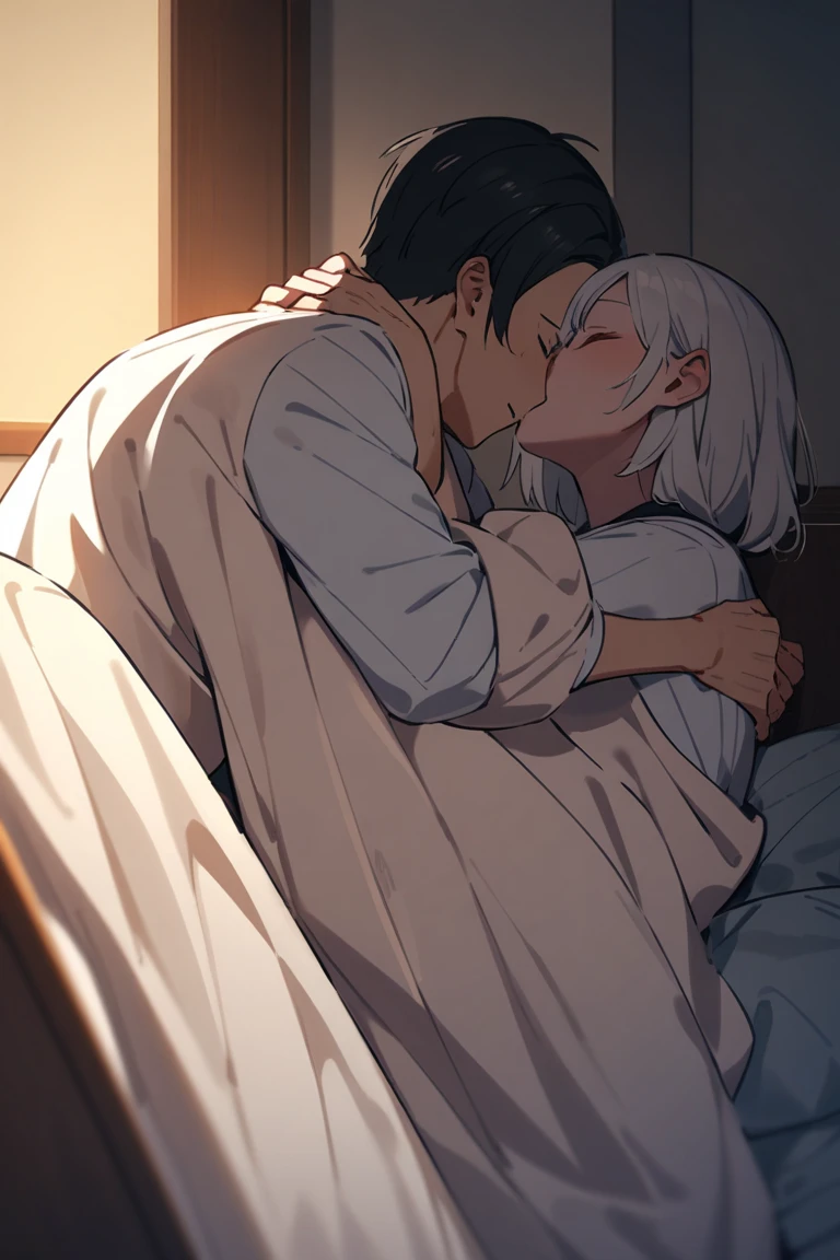 1 girl, pixie cut, white hair, very short, white eyelashes, purple eyes, Japanese, large breast, sexy, full body, fit body, very white skin, white bathrobe, laying in bed, teasing, seductive, kissing, 1 boy, Long black hair, red eyes, fit body, white long sleeve polo, rolled up sleeves, black pants,
