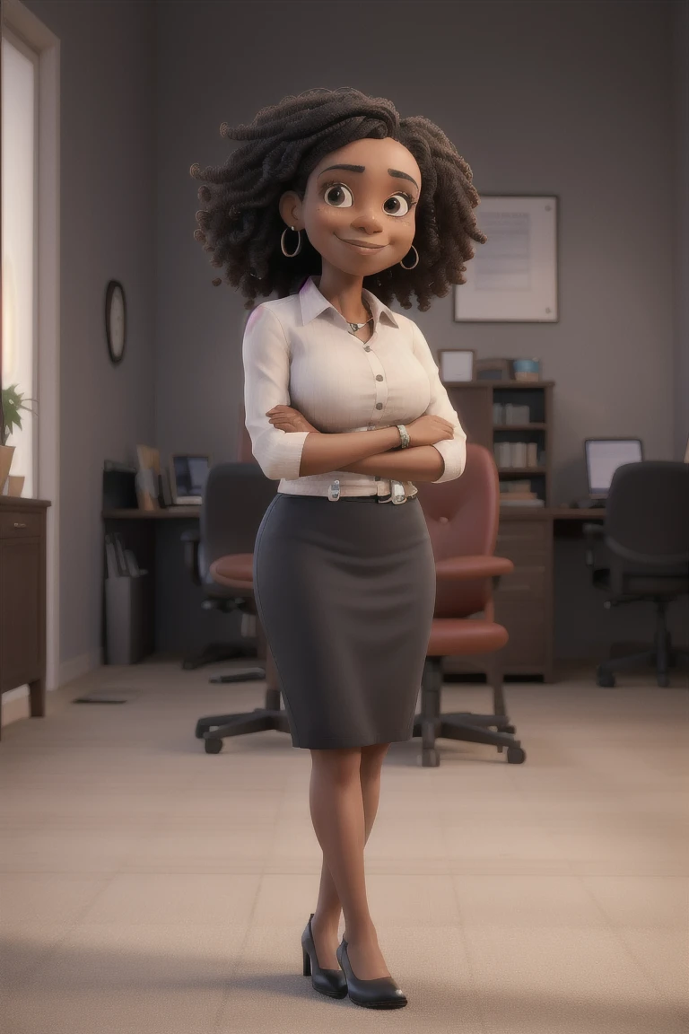 Terapia, black Brazilian psychologist, cabelos pretos ondulado baixinho, sorriso, camisa social azul, black pants and high heels, inside the luxury office.