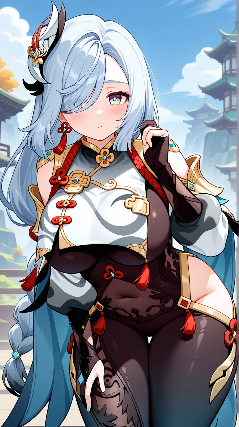 shenhe(genshin impact), shoulder cutout, tassel, hip vent, braided ponytail, hair over one eye, 1girl, white background, nail polish, blue eyes, braid, hair ornament, jewelry, clothing cutout, grey hair, solo, white hair, large breasts, gloves, simple background, long hair, earrings, bodysuit, partially fingerless gloves, looking at viewer, breast curtain, black bodysuit, black gloves, parted lips, covered navel