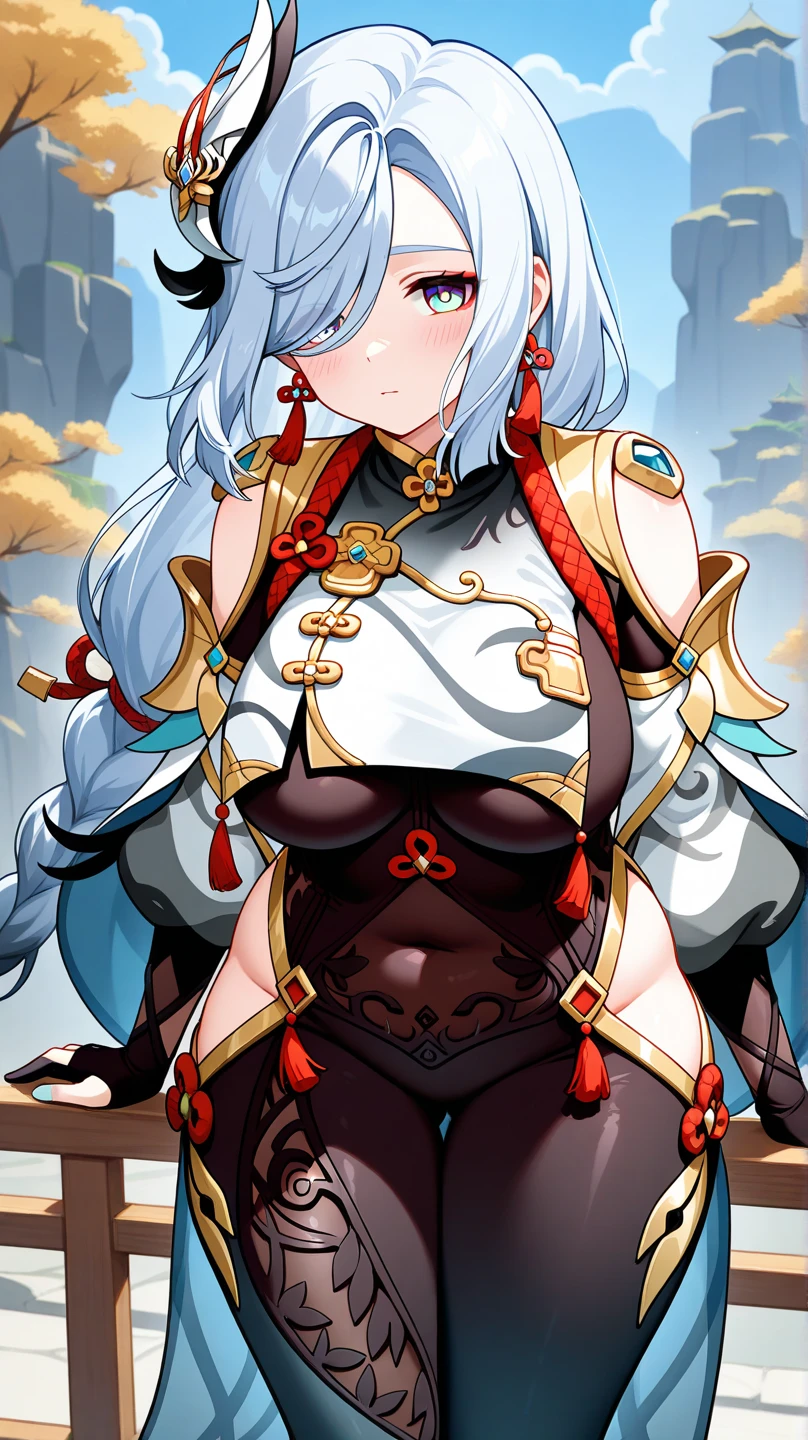 Masterpiece, high quality, shenhe \(genshin impact\), genshin impact, squatting, big breasts, busty, sexy, wide hips, white hair, blue eyes, hair ornament, long hair, breast curtains, bodystocking, hip vent, outdoor, wet, shenhev4, thick thighs, realistic, from below, shiny skin, detailed, navel, horny, wet pussy, pussy juice, dripping, squirting, fingering