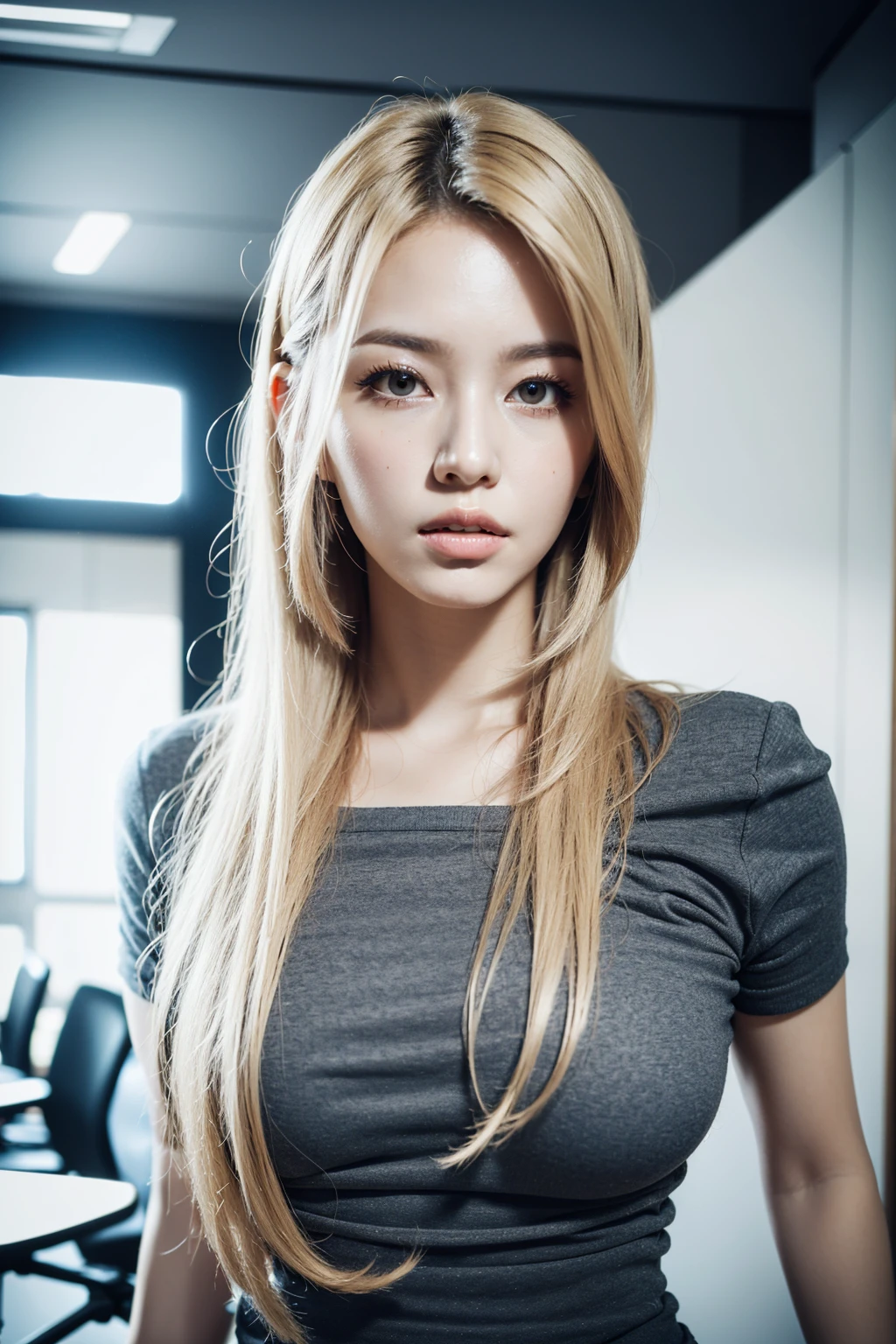 (best quality, 8k, highres, photorealistic:2.0), (solo, one girl:2.0),(lighting: front),(lighting: strong),(ultimate beautiful girl:2.0),(shiny skin),(oily skin),(platinum blonde hair:1.5),Blush brown makeup , dark eye makeup , use pink glossy lipstick,(big eyes girl:1.5),(woman with slender figure:1.5),(Photographed in the sophisticated office of an information technology company:1.8),(elite business woman:1.8),(girl amazing sex appeal:1.5),(ultimate eleance),(ultimate erotic),(Career woman who can work very well),(I'm so absorbed in work that I don't have a boyfriend),(woman not interested in love),(I'm not interested in fashion),(I wear accessories that do not interfere with my work.),(she has no love experience at all),(she feels alone),(She is not good at talking to men),(she is shy and silent),(I don't want to stand out and I'm concerned about people's attention),(She has a dark personality and negative thoughts.:1.5),(she suffers from depression),(She has many complexes and has no one to rely on.),(wearing business clothes),(A woman who takes her work seriously),(I'm a little unwell),(I like coffee and drink it all the time),(mentally unstable),(I have a hard time with insomnia.),(unpopular woman),(unconfident:1.5),(under stress),(She has a hobby that she cannot tell anyone about, and that is masturbation.)