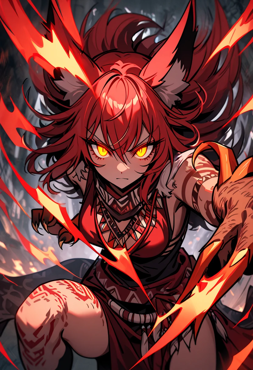 girl wearing torn clothes thats sliding down her body,huge breast,light brown skin,blood red glowing eyes,black and red hair,elf ears,holding a sickle,in a abandoned house,two black horns,scary lighting,moody colors,hair is down, her breast are bouncy and huge,(best quality),no bright colors