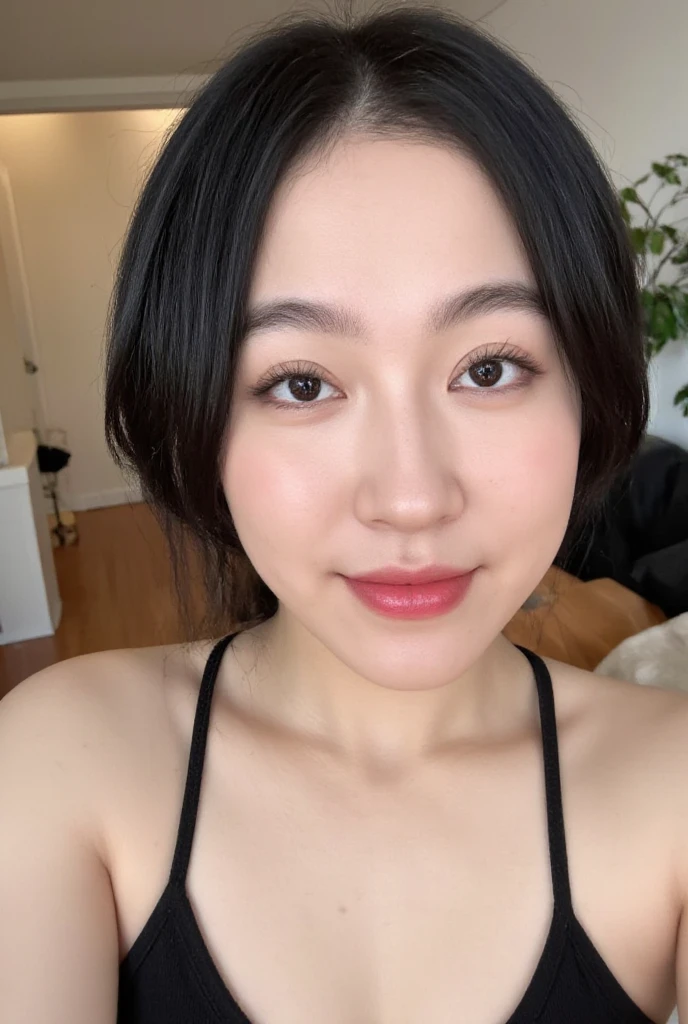highest quality,masterpiece,Ultra-high resolution,(Realistic:1.4),Beautiful lighting, (Highly detailed CG Unity 8k wallpaper), Beautiful face in every detail,Detailed clothing, 50mm portrait photography, One Girl,Big black eyes, Brown Hair,cute, young, stop temporarily, Facial lighting, Physically Based Rendering,Written boundary depth , ponytail,(Serious face), ((Take from above)), (Open your mouth wide),Japanese women、20-year-old、Black Bra、Young beautiful woman taking selfie,