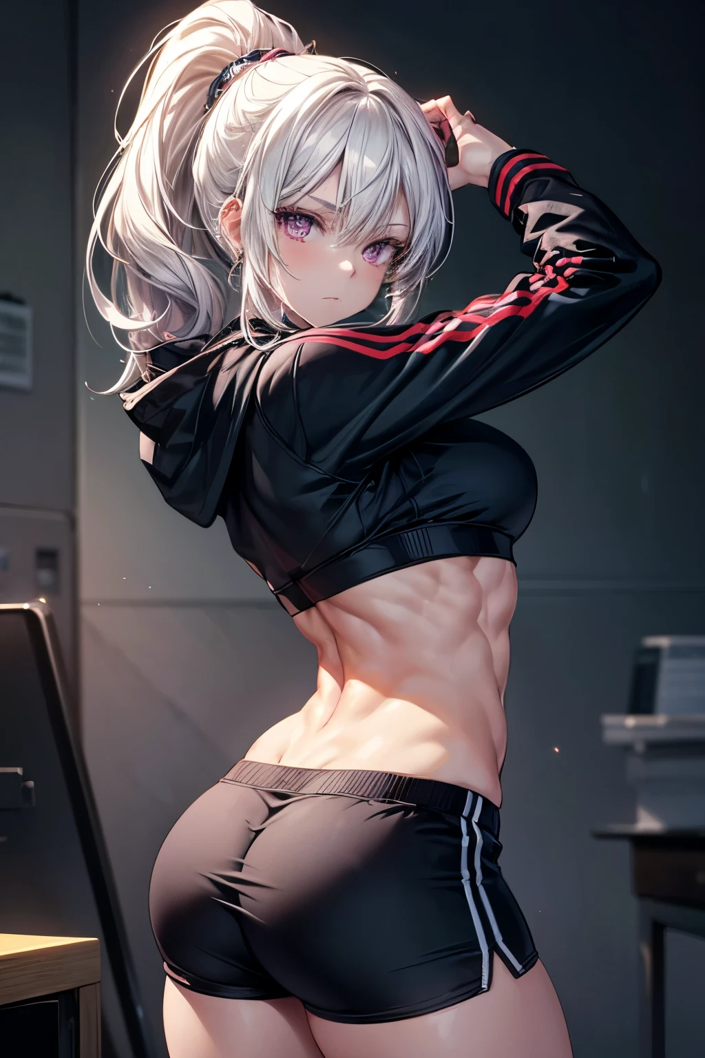 A highly detailed and clean anime-style illustration of a muscular female character, inspired by the pose and aesthetic of the referenced images. She has white skin, long, curly white hair styled in a high ponytail with loose strands, adorned with dark accessories that emphasize her confident and striking appearance. Her pink eyes are intense, gazing with a determined yet approachable expression. The character is an adult woman with a strong and muscular build. Her arms are large and defined, showcasing prominent biceps and triceps, while her shoulders are broad and sculpted with pronounced deltoids. Her abdomen features chiseled, symmetrical abs, and her thighs are thick and muscular, highlighting her exceptional strength. Her physique is athletic yet elegant, with every muscle group carefully detailed to reflect her dedication and power. She wears an oversized cropped hoodie that reveal her toned upper body, including her abs and a tattoo on her arm, adding depth to her personality. Her lower body is dressed in oversized shorts that accentuates her butt with sport shoes. A smartwatch on her wrist completes her modern look. The pose mirrors the references, showcasing her strength and confidence. The lighting in the scene uses warm, ambient tones that create highlights and shadows, emphasizing her musculature and enhancing the realism of the setting.