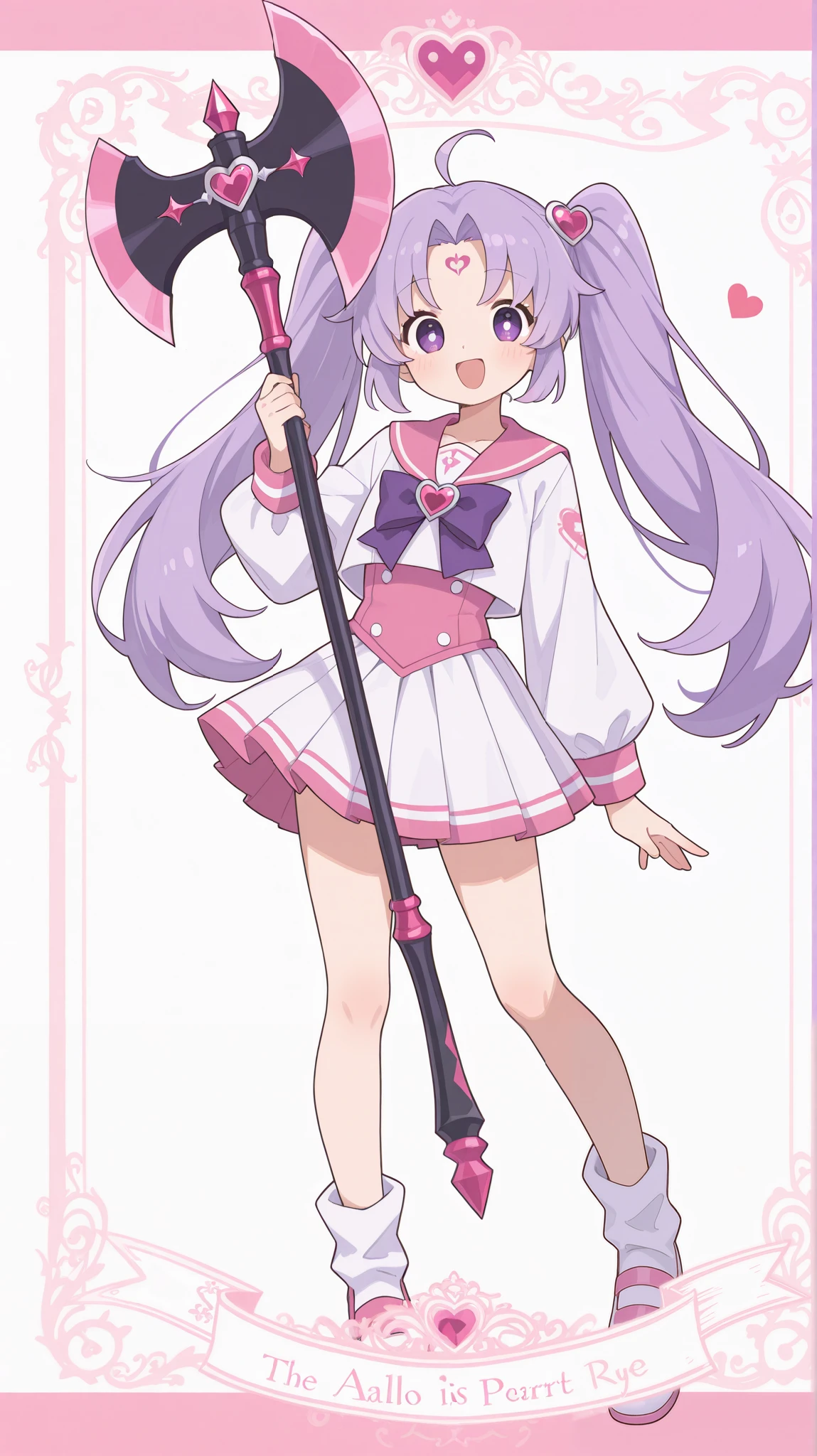 one girl。full body standing picture。the magical girl has a weapon with an axe motif。Very large axe 。Composition showing the entirety of an axe。The handle part of the axe is pink。the tip of the axe is frighteningly large。The magical girl's costume has a pink sailor suit as a motif。pleated skirt。hair with wide open eyes is purple straight twin tails、The eyes are also purple、 zitoida、smiling with open mouth、